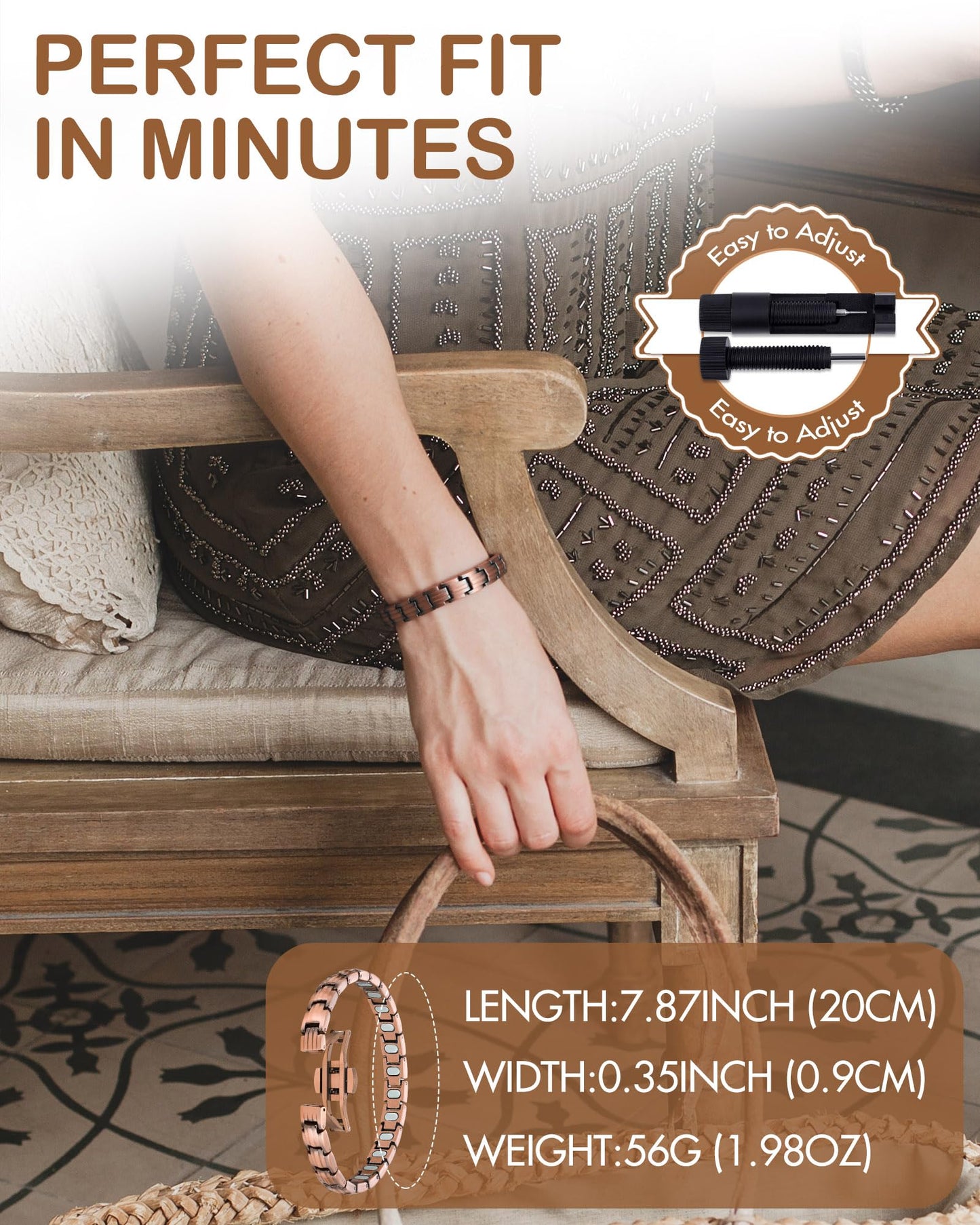 Feraco Pure Copper Bracelets for Women, 5X Ultra Strength Magnetic Bracelet with 5000 Gauss Neodymium Magnets & Upgraded Butterfly Clasp, Adjustable Jewelry Gift (Retro Style)