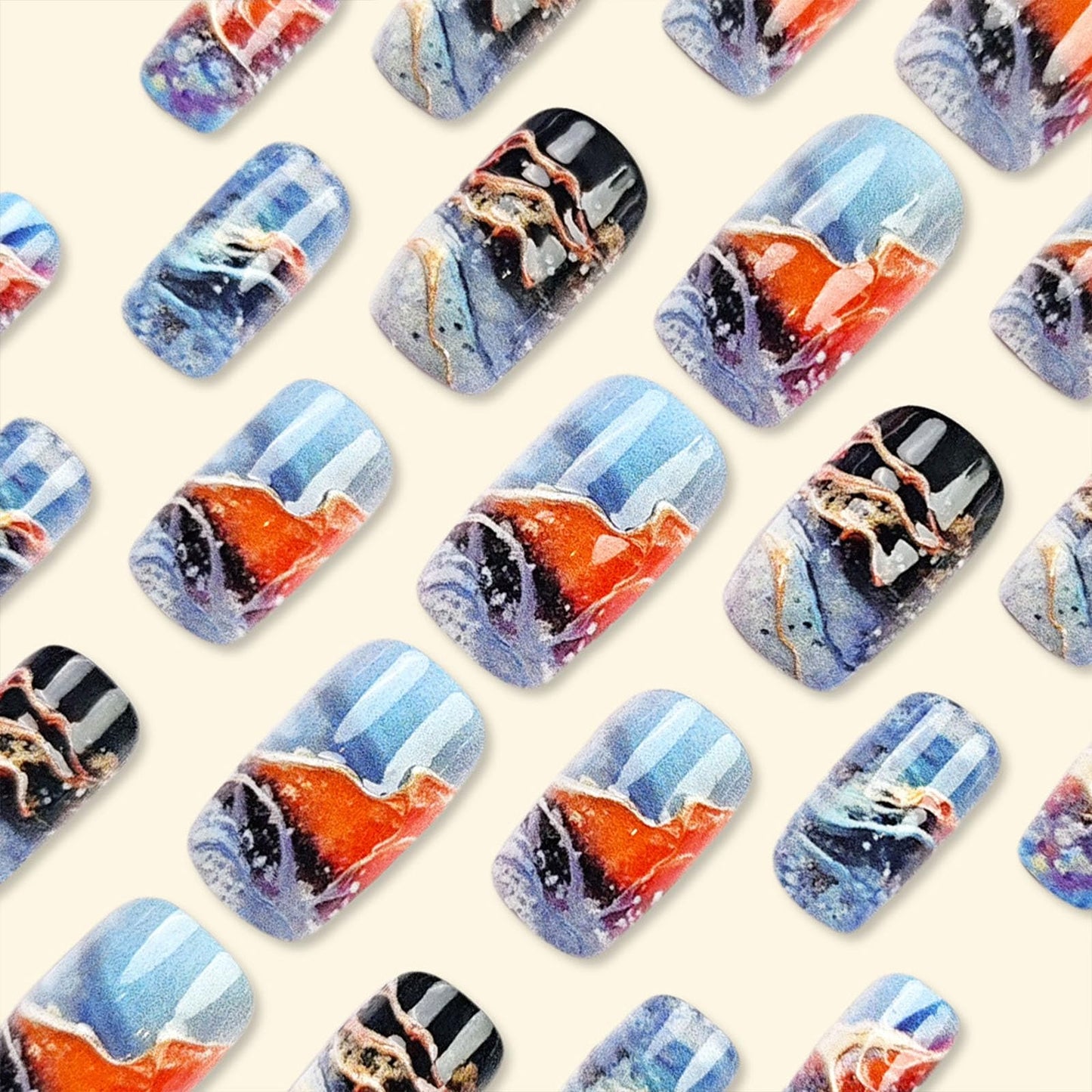 Square Press on Nails Medium Fake Nails with Lines Designs Glossy Nails Press ons Blue Gradient Black Glue on Nails Summer Acrylic Artificial Stick on Nails for Women 24Pcs