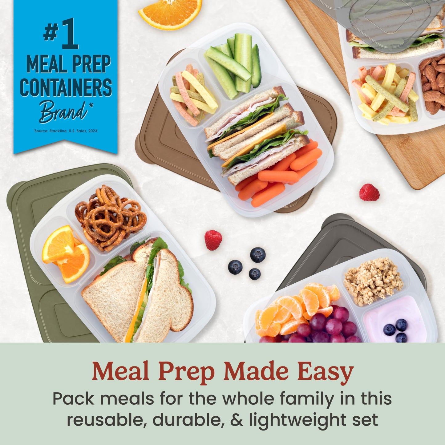 Bentgo Easyboxes - Original Stackable Lunch Boxes - Reusable 3-Compartment Food Containers for Kids and Adults - Bento Lunch Box for Meal Prep, School, & Work - BPA Free, (Earth Tones (4-Pack))