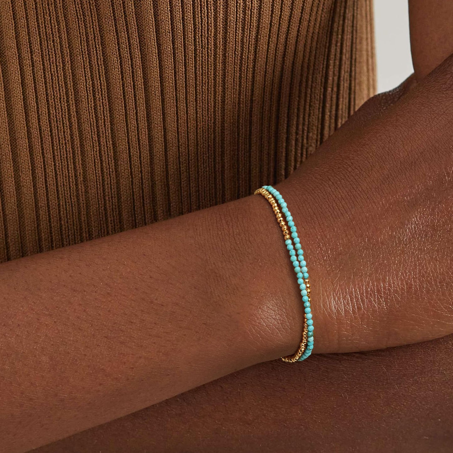 MYEARS Women Beaded Bracelet Gold Double Layer Gemstone Turquoise 14K Simple Dainty Handmade Chain Everyday Boho Beach Jewelry