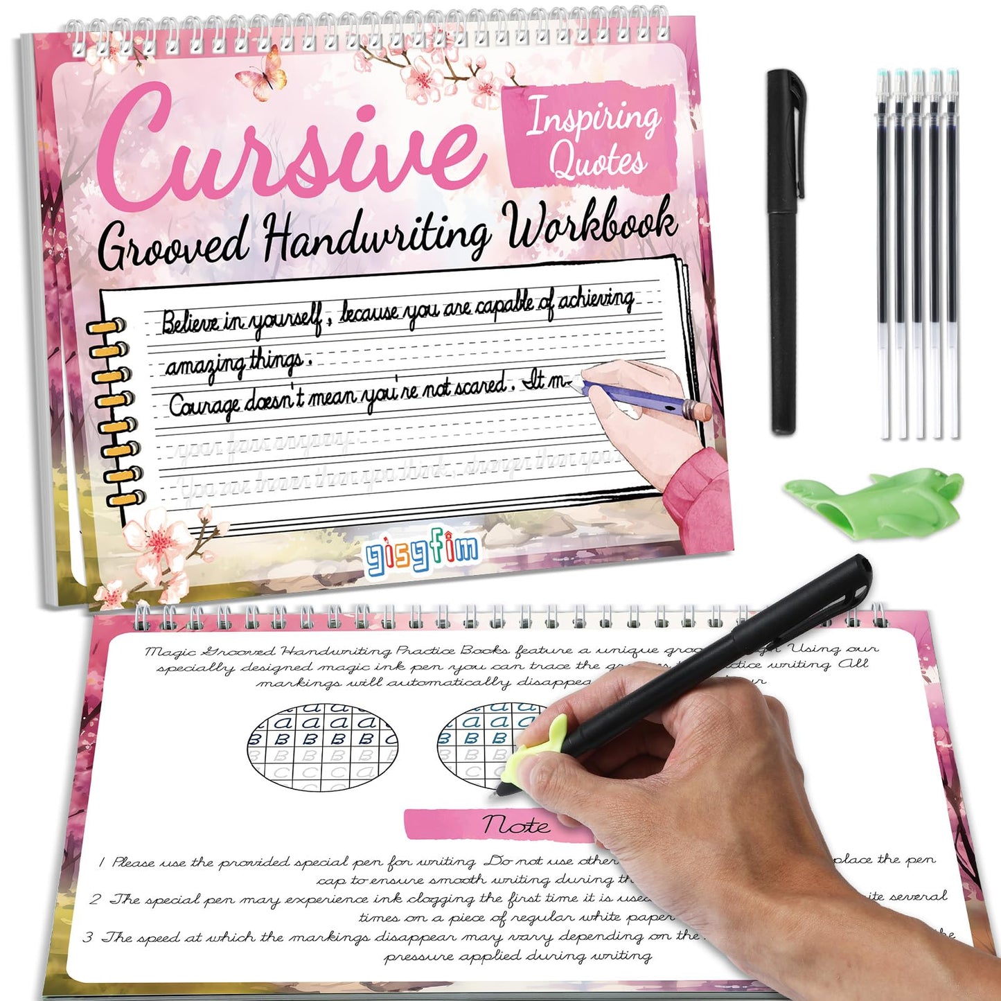 gisgfim Grooved Cursive Handwriting Workbook Magic Reusable Grooved Cursive Handwriting Practice Guided Tracing with Disappearing Ink Pens for Beginner Learning Activities Supplies (Inspiring Quotes)