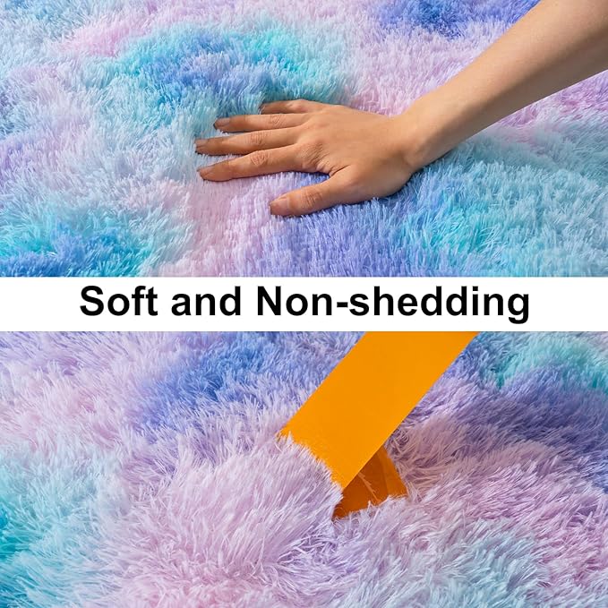 Soft Runner Rugs for Bedroom Hallways, 2x4 Purple Rainbow Fluffy Shag Throw Area Rug Non Slip for Bedside Dorm, Long Shaggy Furry Carpet for Nursery Living Room