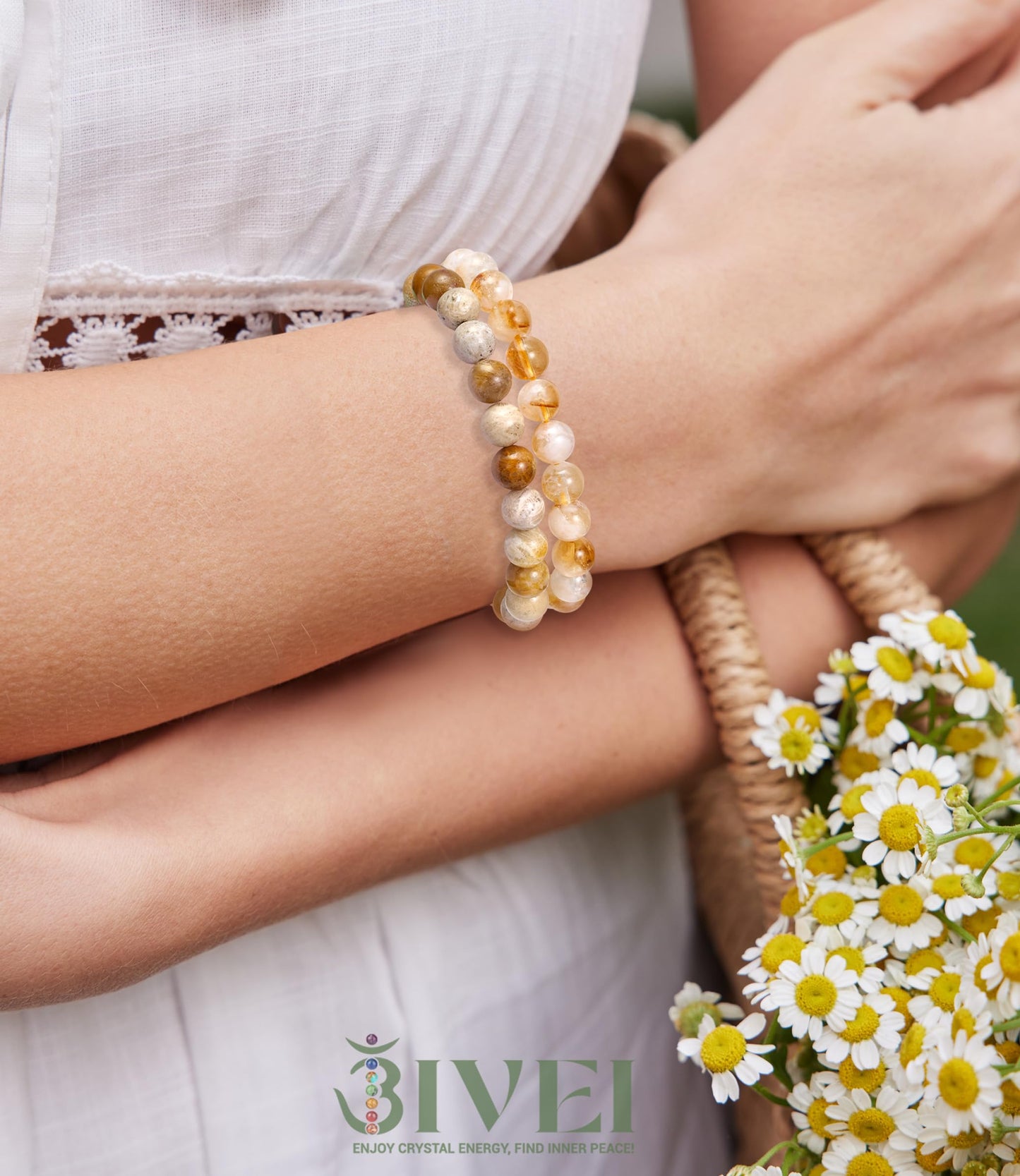 Bivei Natural Gemstone Semi Precious Crystals Handmade Stretchy Round Beads Bracelet, Enhance Positive Energy,Stocking Stuffers for Women(Citrine & Coral Jade (Wealth) Medium)