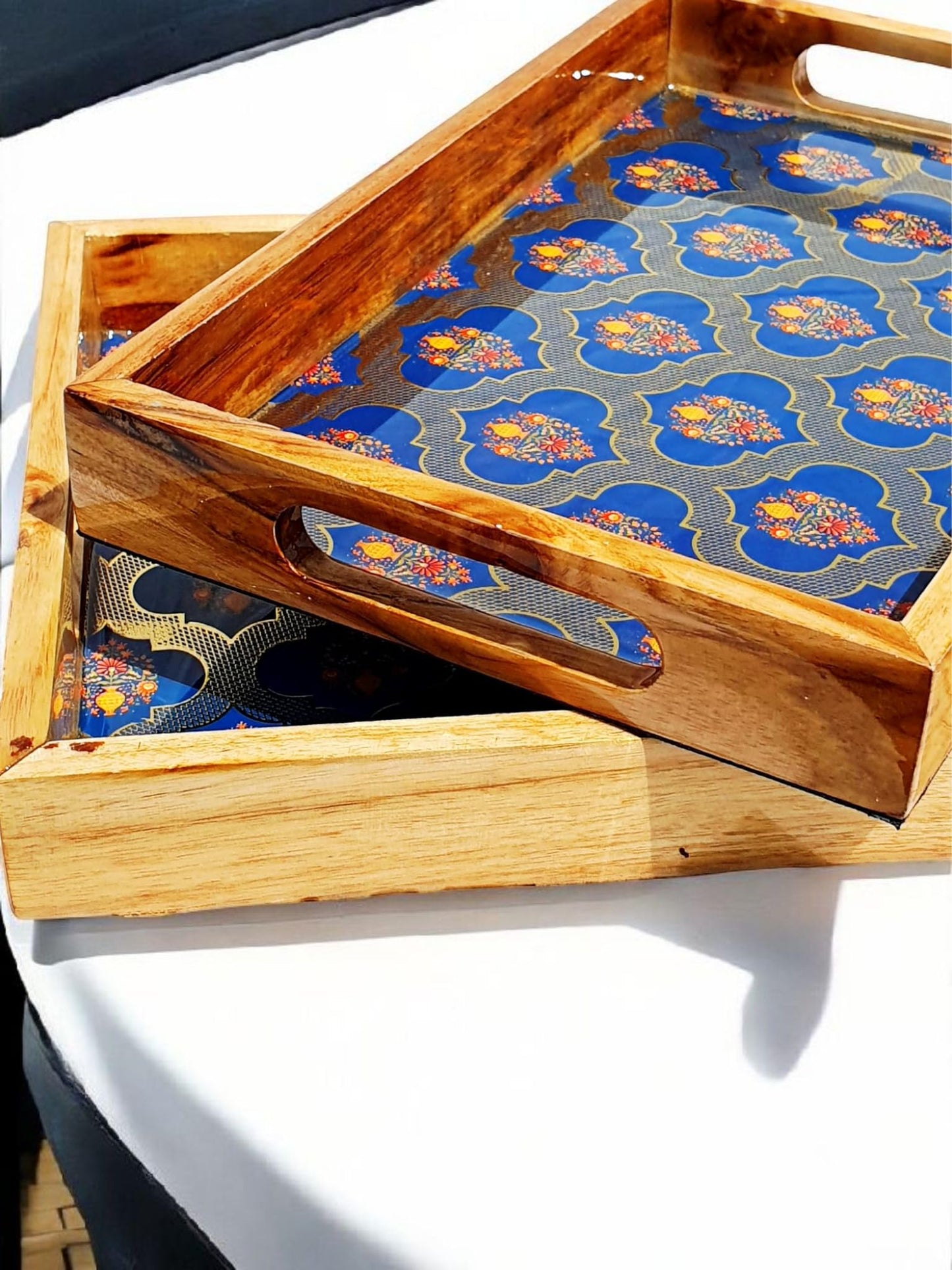Vetali Export Handcrafted Teakwood Serving Tray Set of 2, Decorative Rectangular Trays with Handles, Breakfast in Bed, Coffee Table, Dinner, BBQ, Snacks, Appetizers, Lap Desk Tray for Couch - Blue