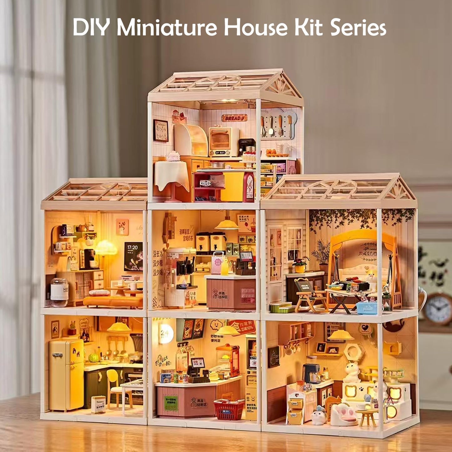 BeepZipp Modern Living Room DIY Miniature House Kit for Adults, 3D Dollhouse with LED Light & Dustproof Door, Stackable Connectable Display Case, Creative Gift for Home Decor Lovers Teens Women