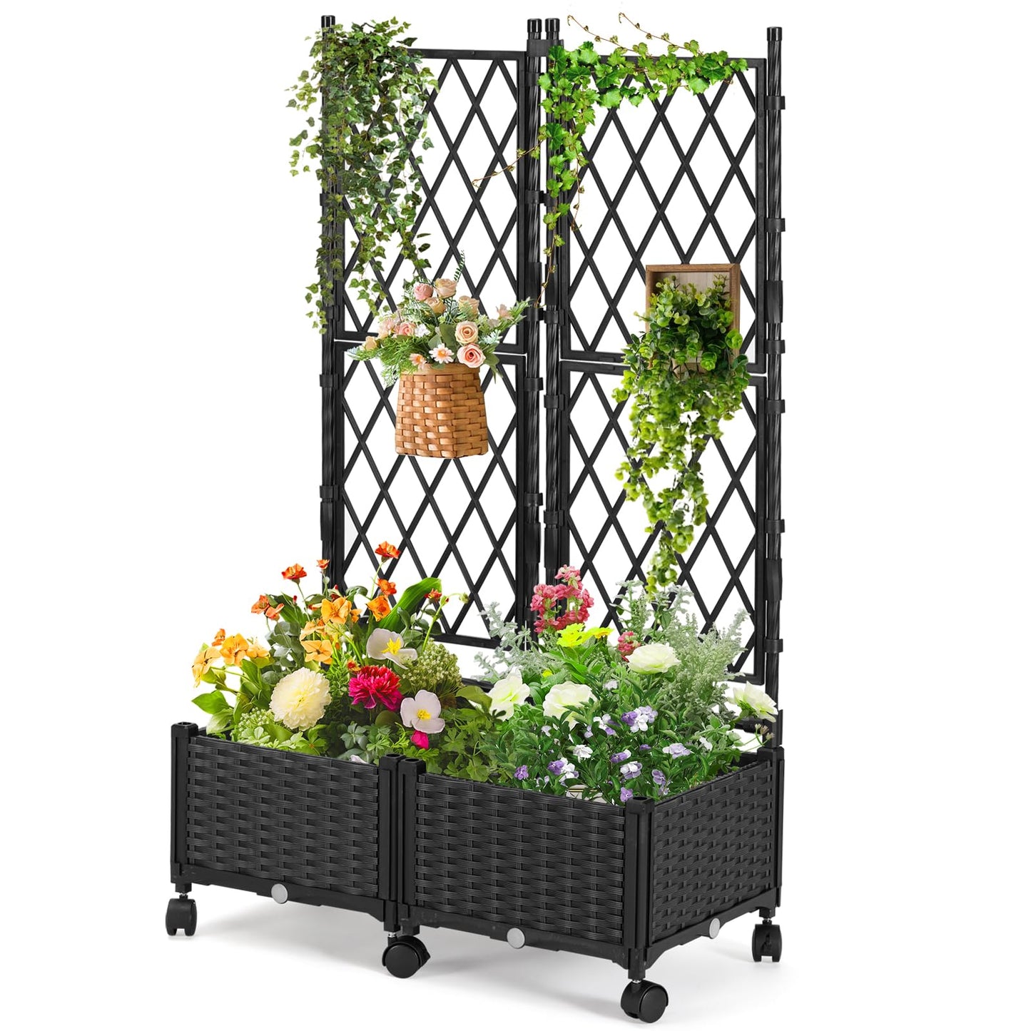 FOLLOOK Planter Box with Trellis, 4ft Tall Self-Watering Plastic Raised Garden Beds and Lattice Trellis with Lockable Wheels & Drain Plug for Outdoor Patio Backyard Balcony, Black, 2 Pcs