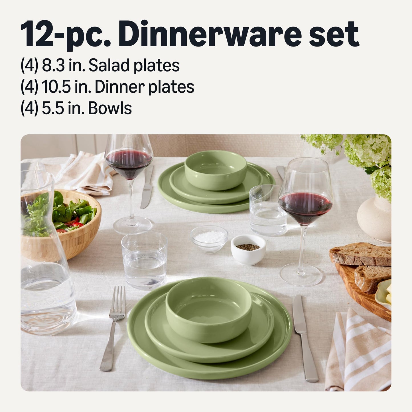 Amazon Basics Glazed Stoneware Dinnerware, 12-Piece Set, 4 Full Place Settings, Microwave and Dishwasher-Safe, Olive