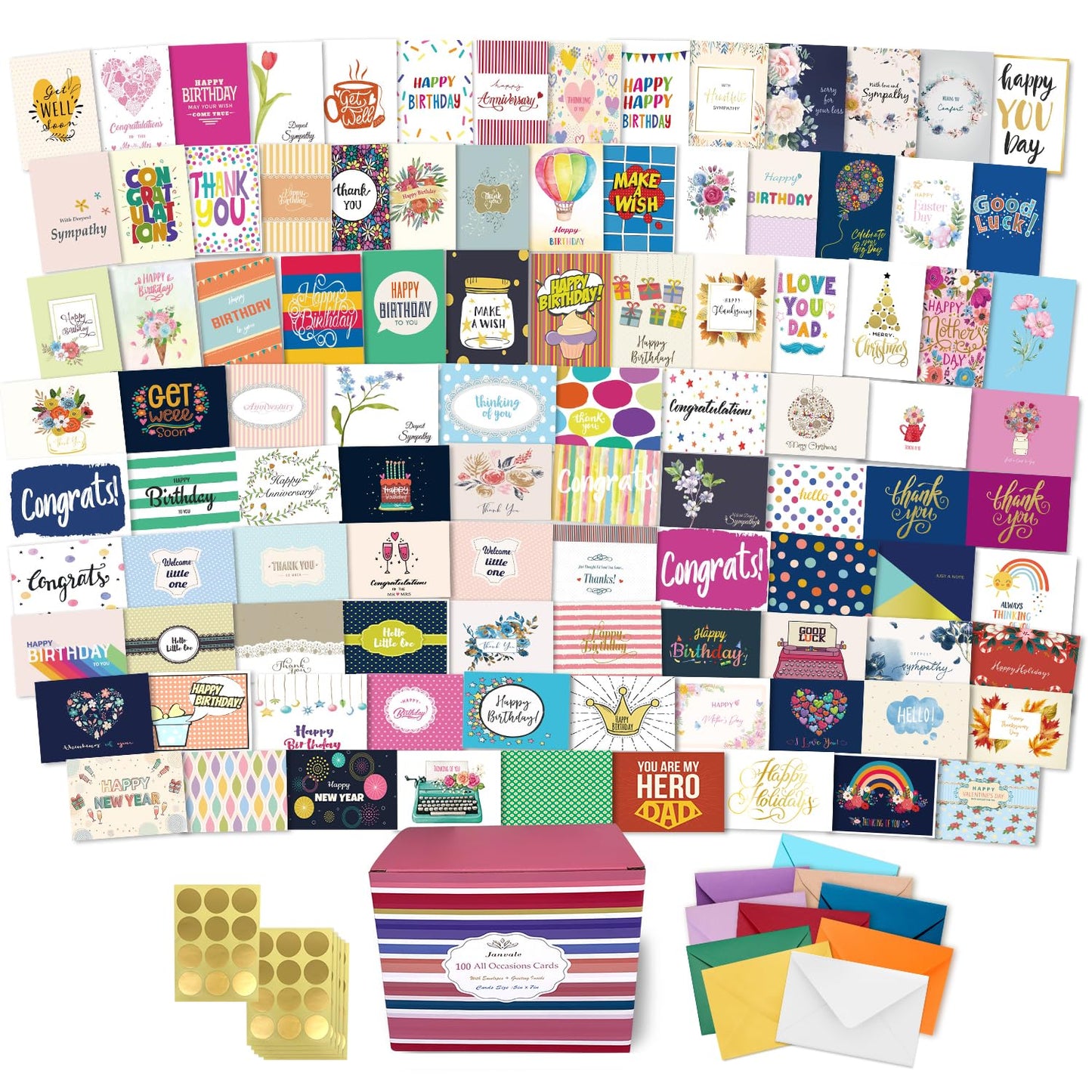 Janvale 100 All Occasion Cards Assortment Box with Color Envelopes，All Occasion Cards Set with Greeting Inside, Large 5 x 7 inch Cards with Stickers and Dividers