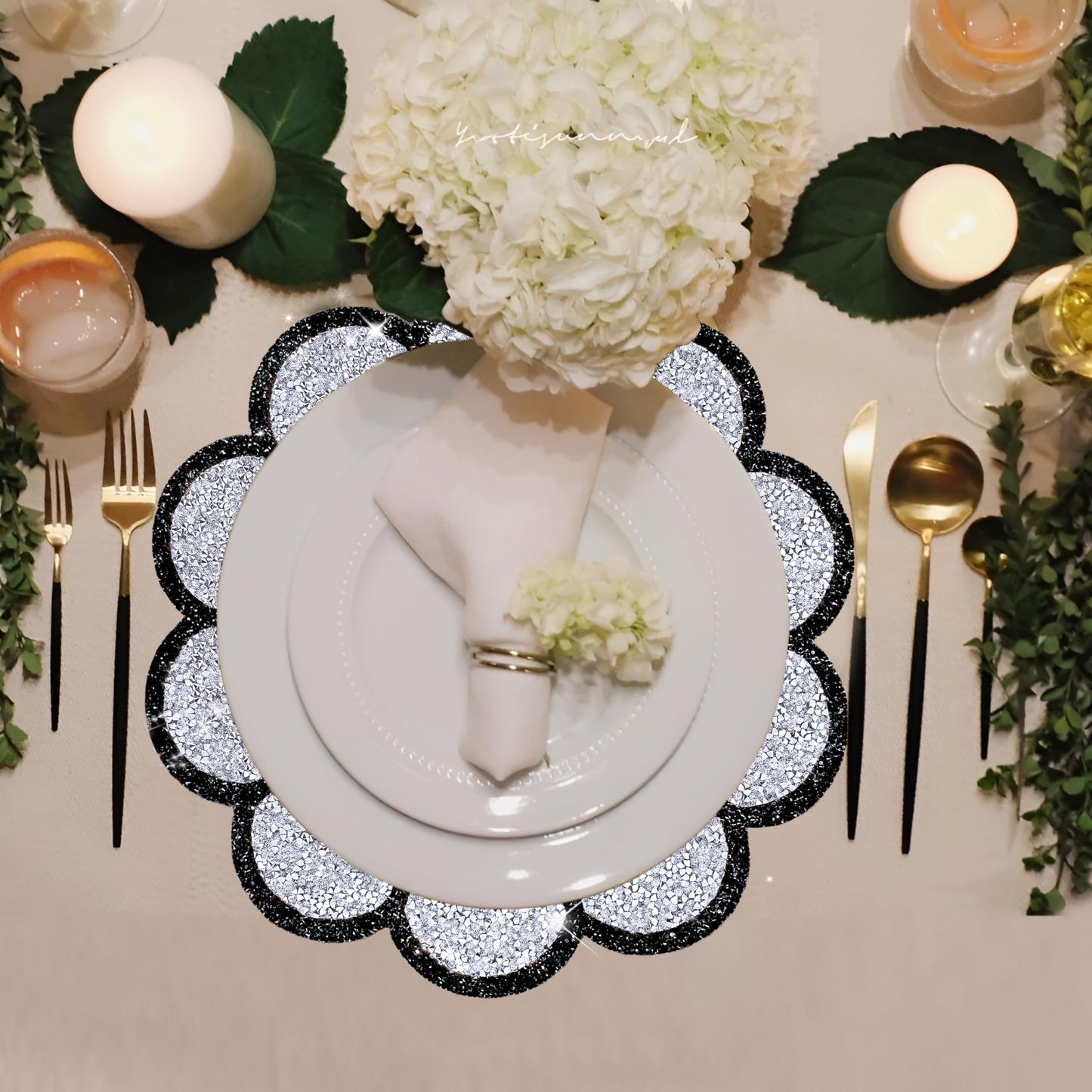 Washable Waterproof Diamond Circle Placemats for Round Tablescape Decor for Dinner and Kitchen Bling Placemats for Weddings & Special Events -2 PCS (Silver and Black)