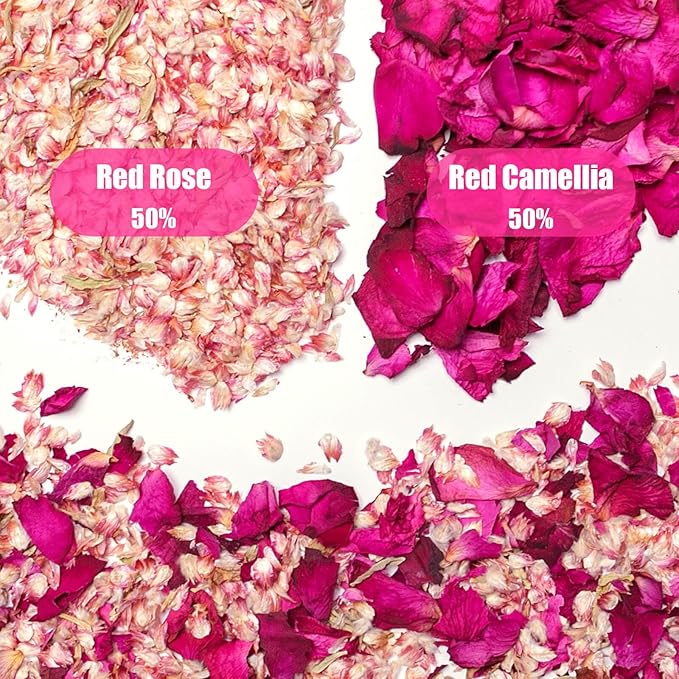 50 Pack Real Dried Rose Flower Petals Biodegradable Confetti, Dried Mix Red Rose Begonia Pink Flower for Wedding Send-Off Ideas Flower-girl basket, Wedding Decor Confetti, Exit Ideas
