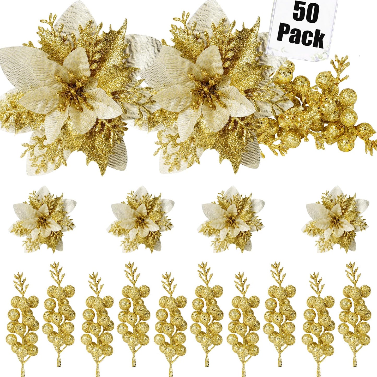 trytuny 50pcs Glitter Poinsettia Christmas Ornaments, Artificial Flowers with Clips Stems for DIY Wreath Making, Holiday Home Party Decorations, Indoor Use (Gold)