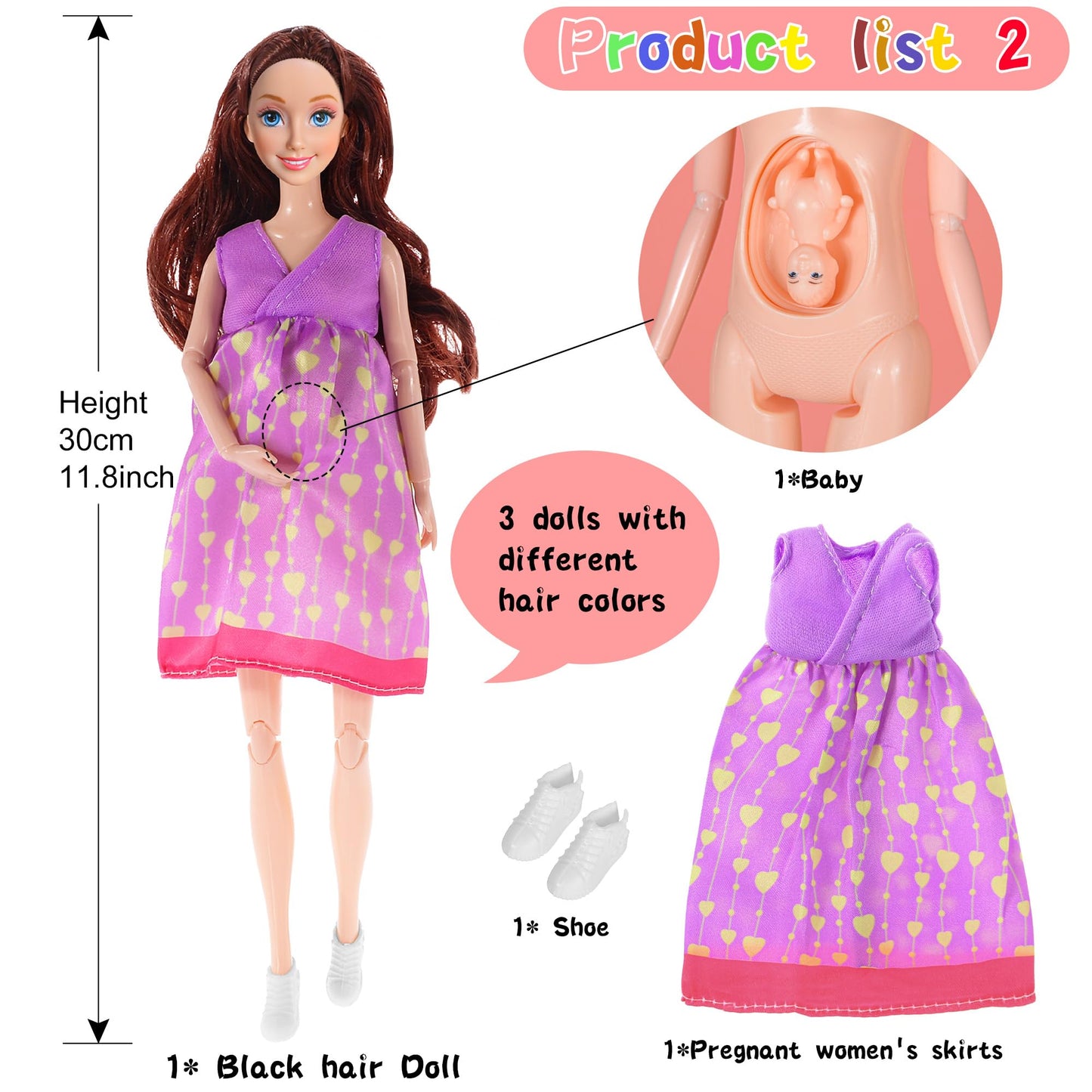 dollbie 3-Pack 11.5 inch Pregnant Dolls - Fashion Dolls with Interchangeable Pregnant and Normal Bellies - Includes 3 Dolls, 3 Dresses, 3 Babies