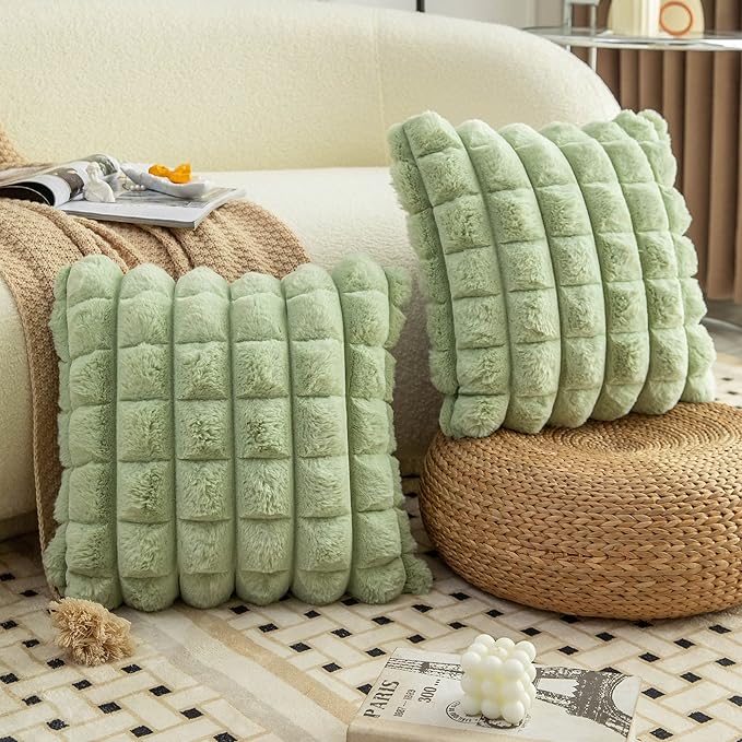 Neelvin Green Faux Fur Cozy Soft Plaid Decorative Throw Pillow Covers 24x24 inch Set of 2,Velvet Pillowcase Cushion Case for Sofa Couch