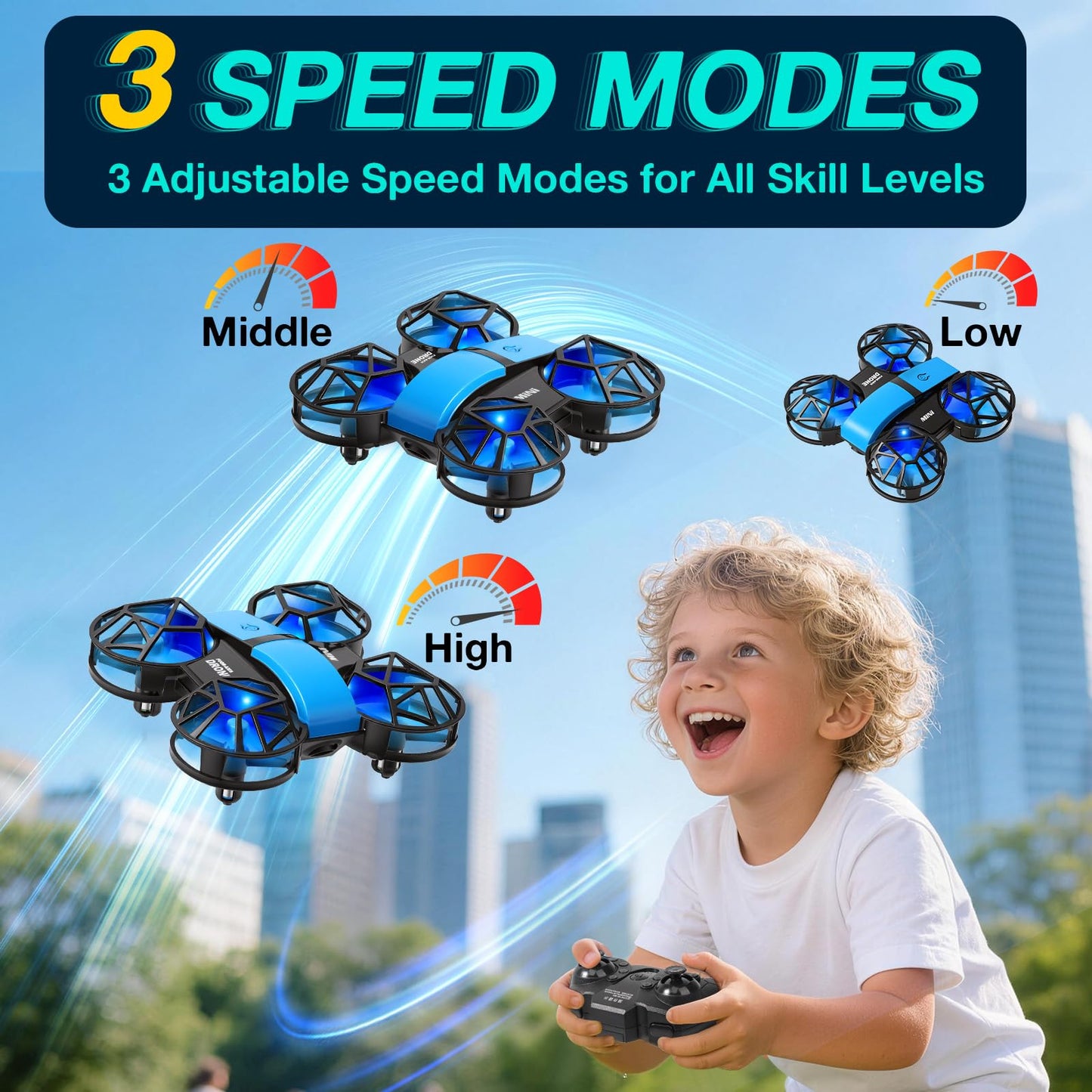 Blue Mini Drone for Kids & Beginners, Indoor & Outdoor RC Quadcopter, Full Propeller Guards, LED Light, 3D Flips, One Key Start, Headless Mode, 2 Rechargeable Batteries, 21 Mins Total Flight Time, Toy Gift for Boys and Girls