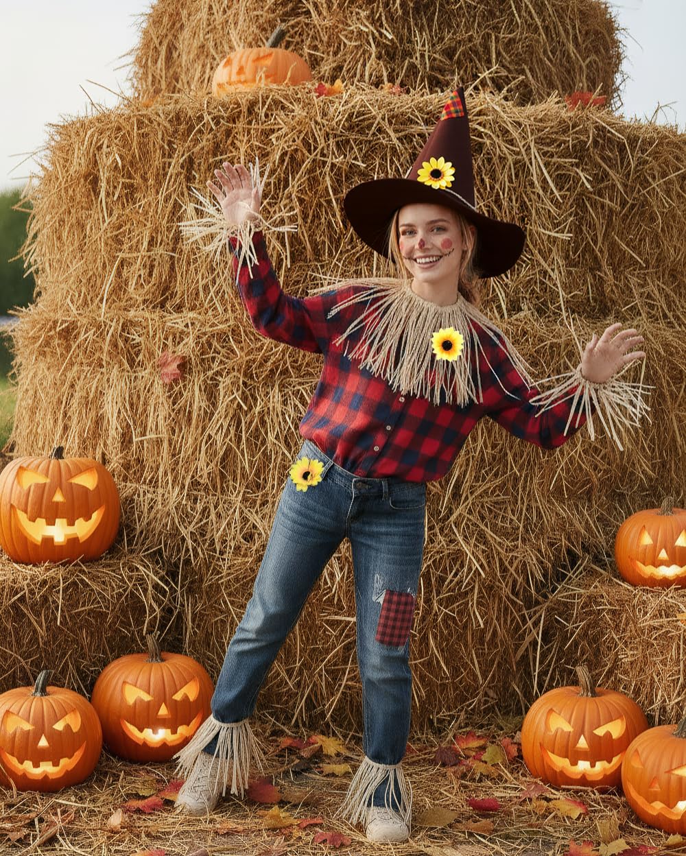 Lunaryvo Scarecrow Costume, Scarecrow Hat Raffia Straw Kit Face Decals Sunflower Patchwork Halloween Harvest Accessories (Brown-13pcs)