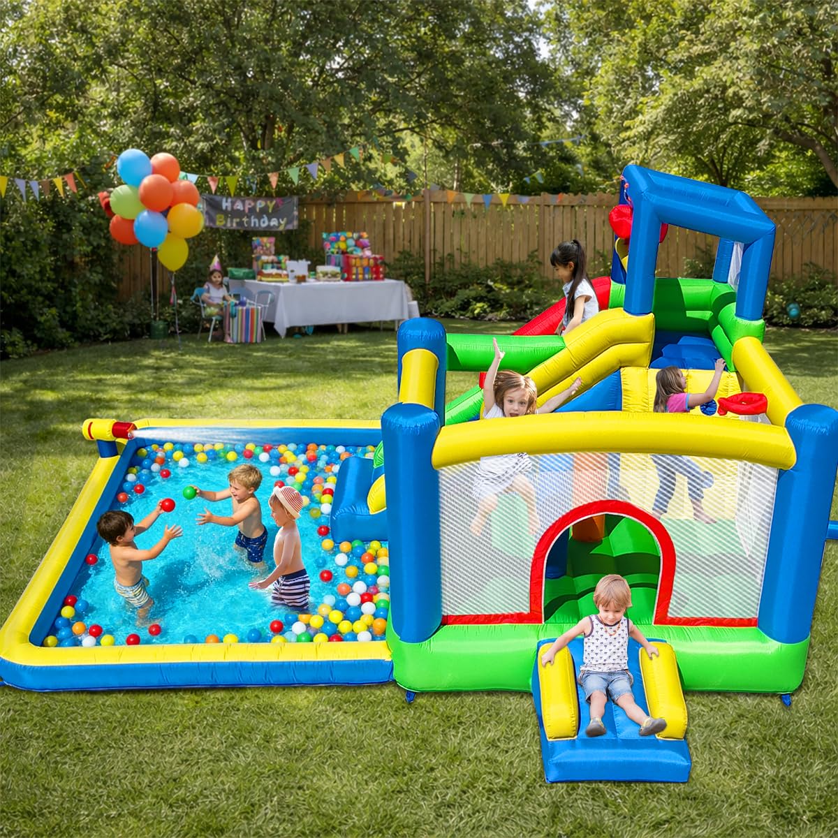 Baralir Upgrade 14.3x13.5FT Inflatable Water Park & Bounce House with Large Splash Pool, Long Slide, Climbing Wall, Basketball Hoop, Craw-Through Hole and Tunnel for Endless Summer Fun