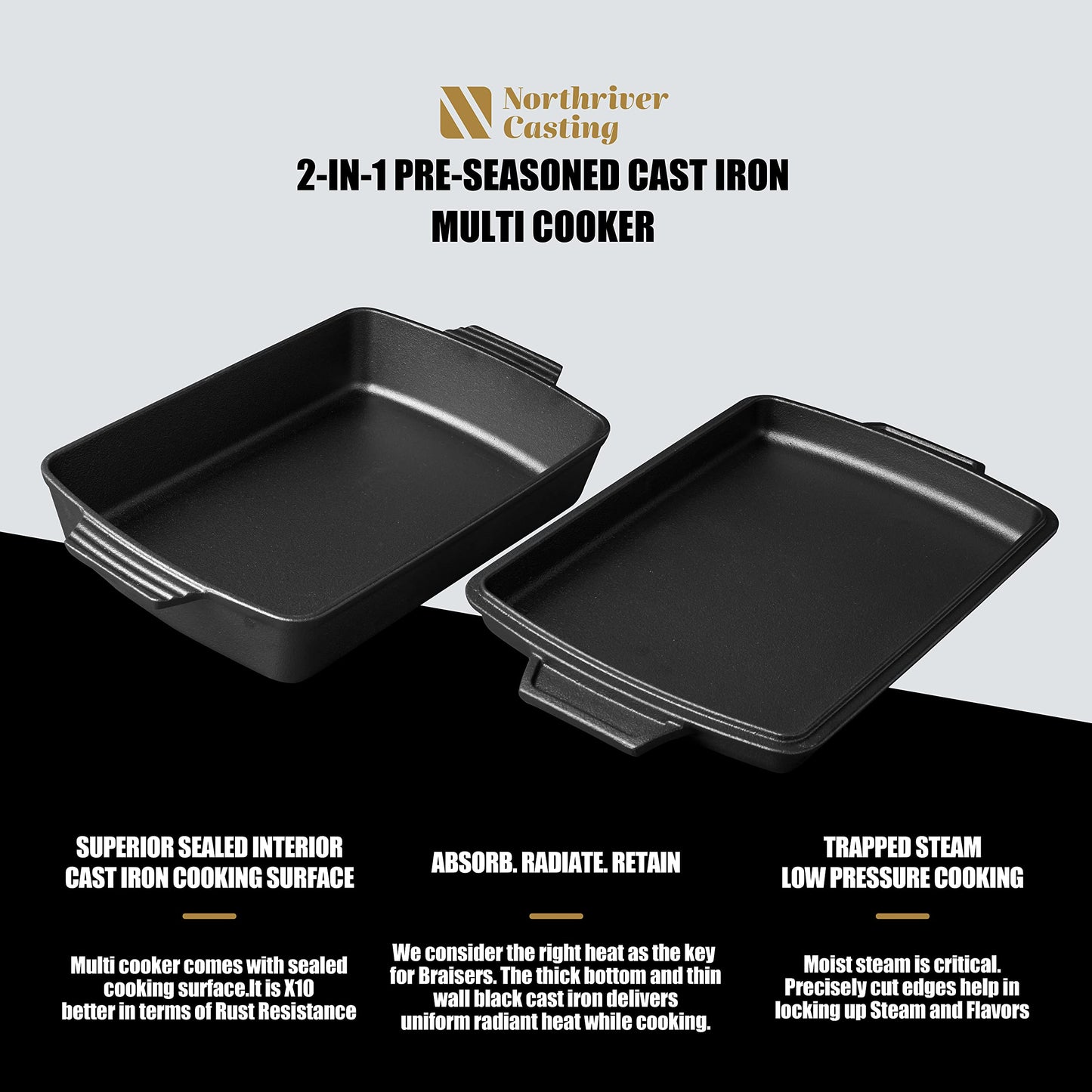 Northriver Casting 2-In-1 Pre Seasoned Cast Iron Dutch Oven With Skillet Lid,Casserole Dish,Rectangular Baking Pan,Griddle Pot Set, 6QT, 9"x13"