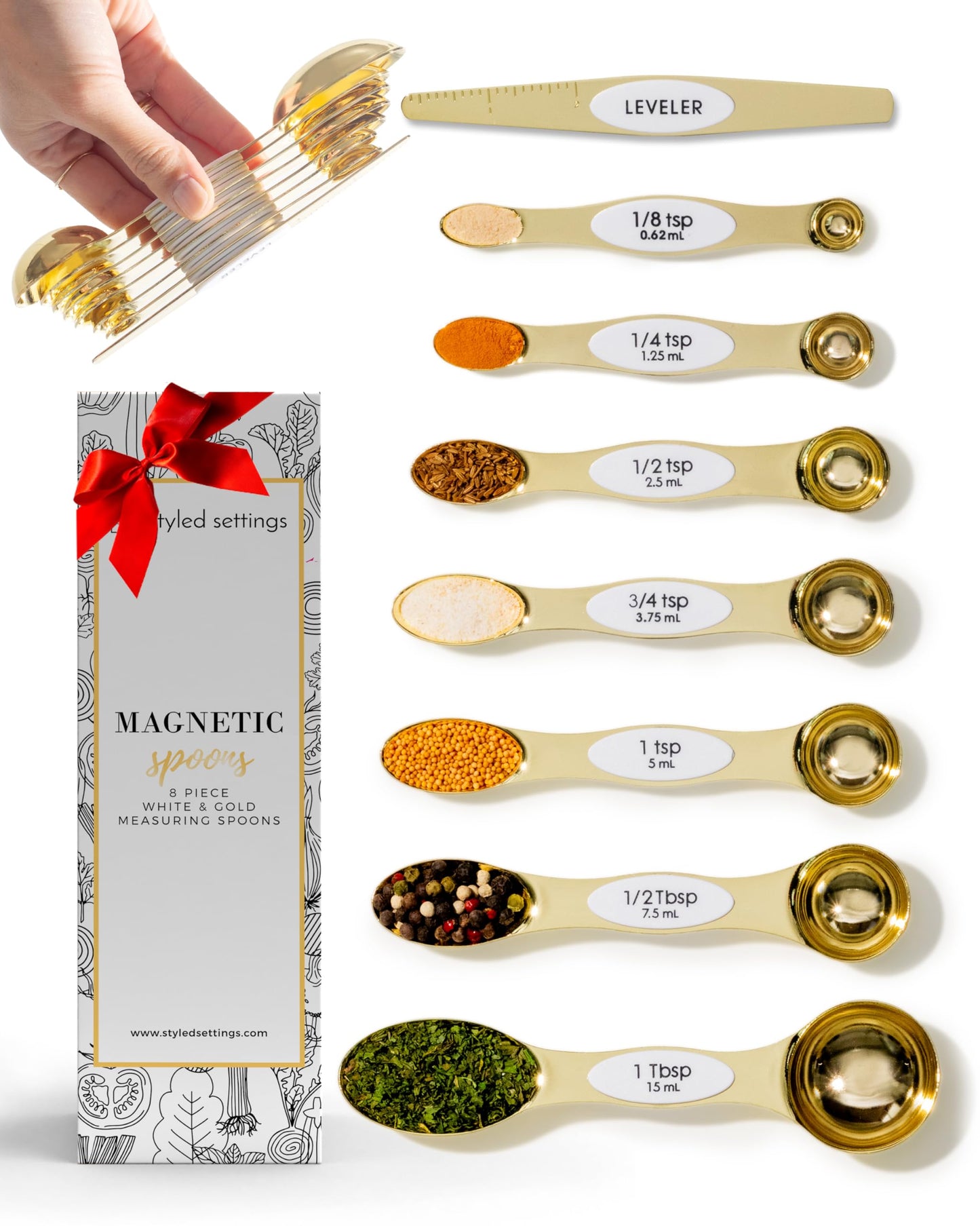 White and Gold Magnetic Measuring Spoons – Stainless Steel Double Sided Measuring Spoons for Cooking and Baking – Cute White and Gold Kitchen Accessories, Ideal for Gifting