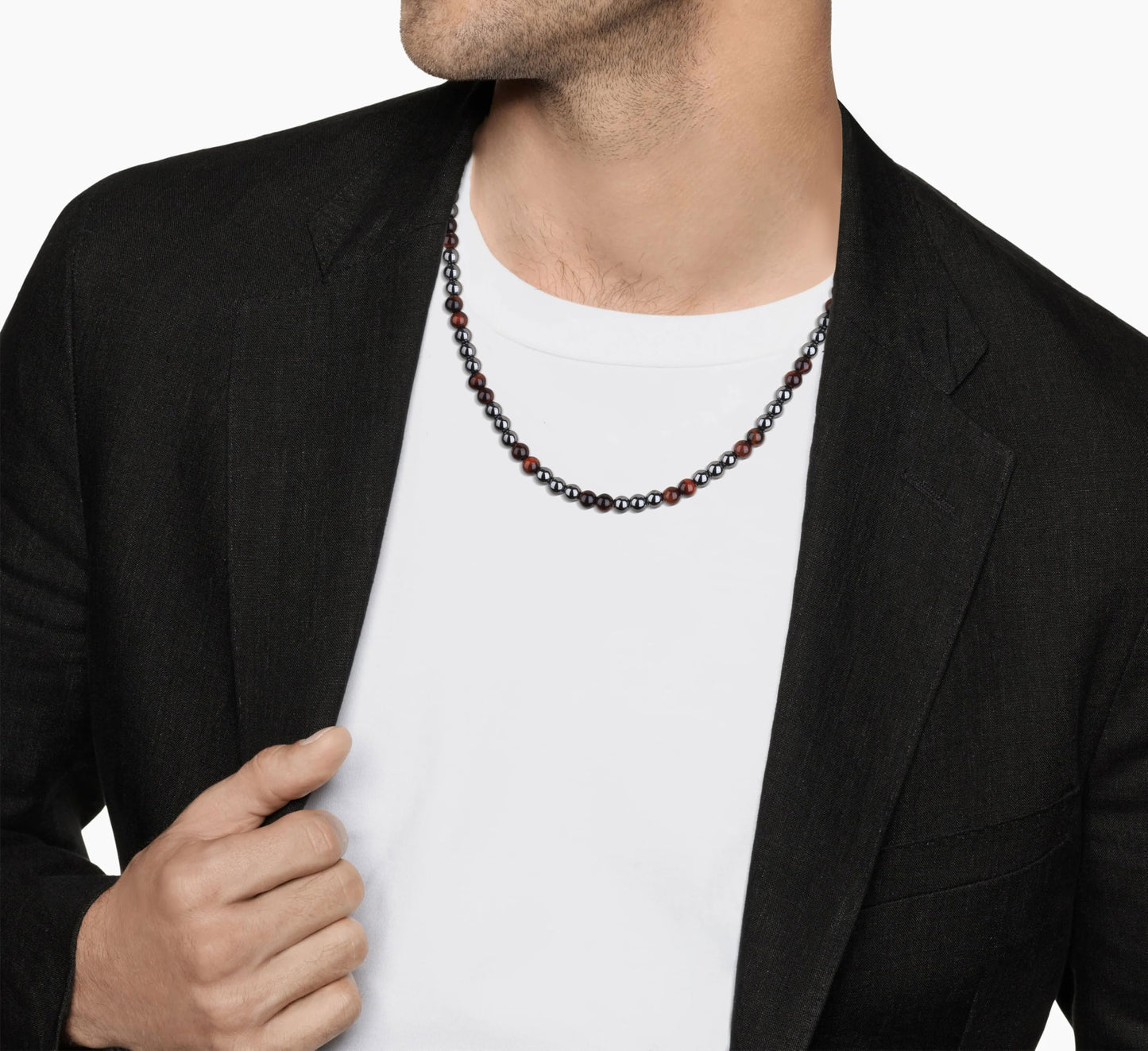 GAVU Stone Beaded Hematite Red Tiger Eye Necklace for Men 24"