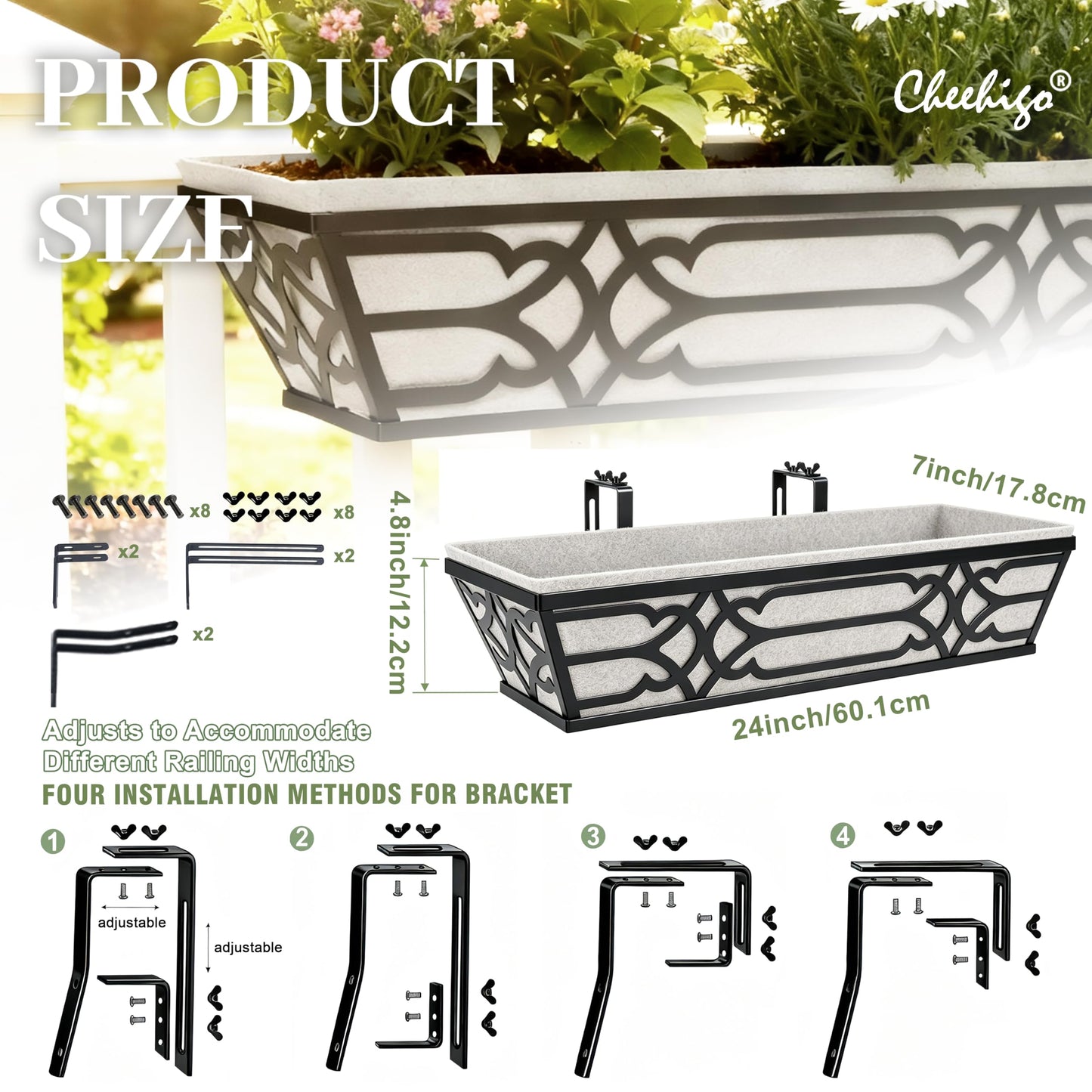 Railing Planter Box, Window Planter Box 24 Inch 2 Pack, Metal Hanging Flower Boxes with Non-Woven Fabric Liner, Adjustable Brackets for Deck Railing, Fence, Balcony, and Porch, Black