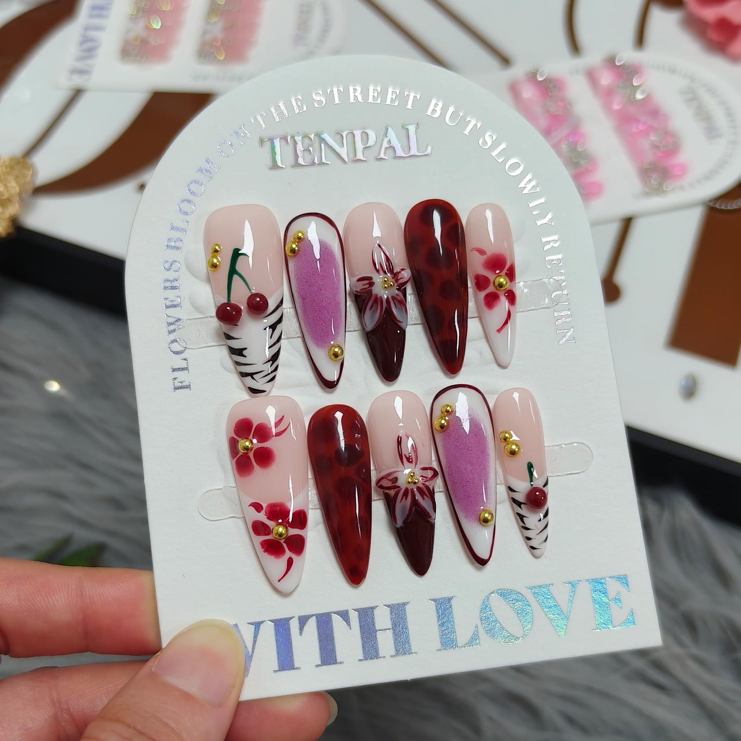TENPAL Cherry Blush French Tips Press on Nails Long Stiletto with 3D Floral Carving, Handmade & Reusable, Soft Flattering False Nails for Everyday Wear | Sheer Cherry Style(M)