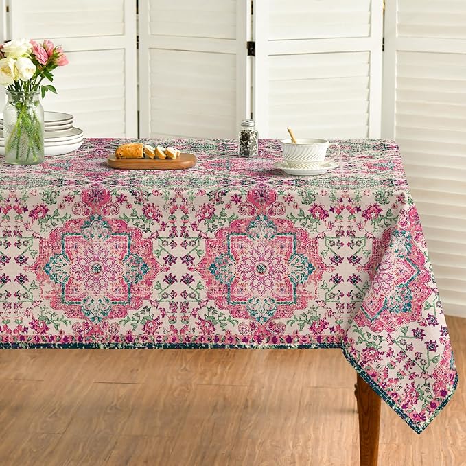 Horaldaily Boho Bohemia Style Tablecloth 60×140 Inch Rectangular, Pink Vintage Country Rustic Farmhouse Magical Fall Orange Washable Seasonal Table Cover for Party Picnic Dinner Decor