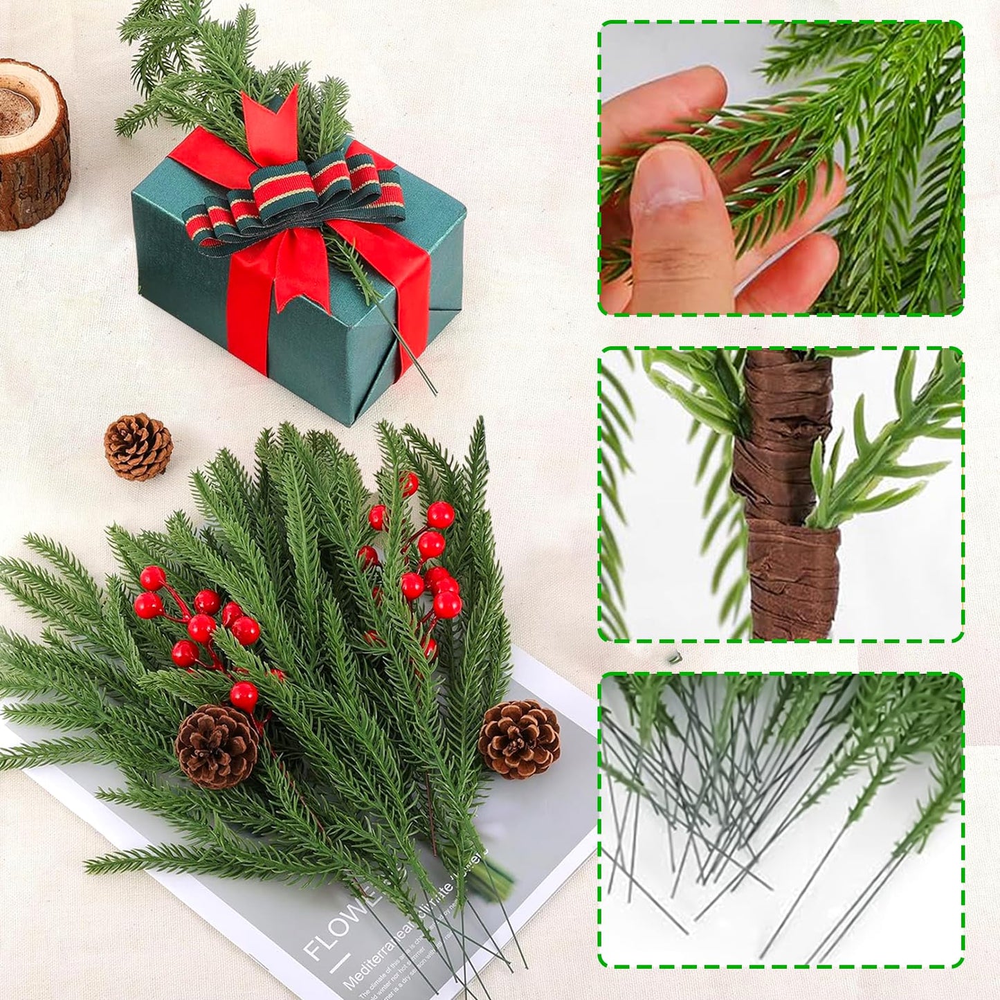 Real Touch Christmas Norfolk Pine Branches -18" Artificial Pine Branches Green Plants Branches for Holiday Floral Arrangements, Wreaths, Craft DIY and Home Xmas Decorations (4PCS(24 sprigs))