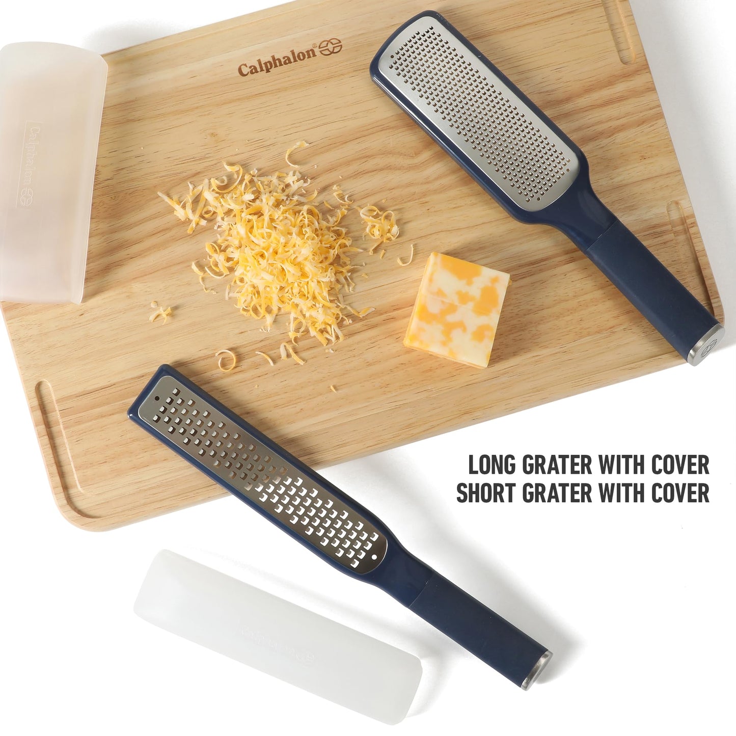 Calphalon Edge 2 Piece Stainless Steel Handheld Cheese Grater and Lemon Zester W/Covers & Rubber Handles - Navy Blue