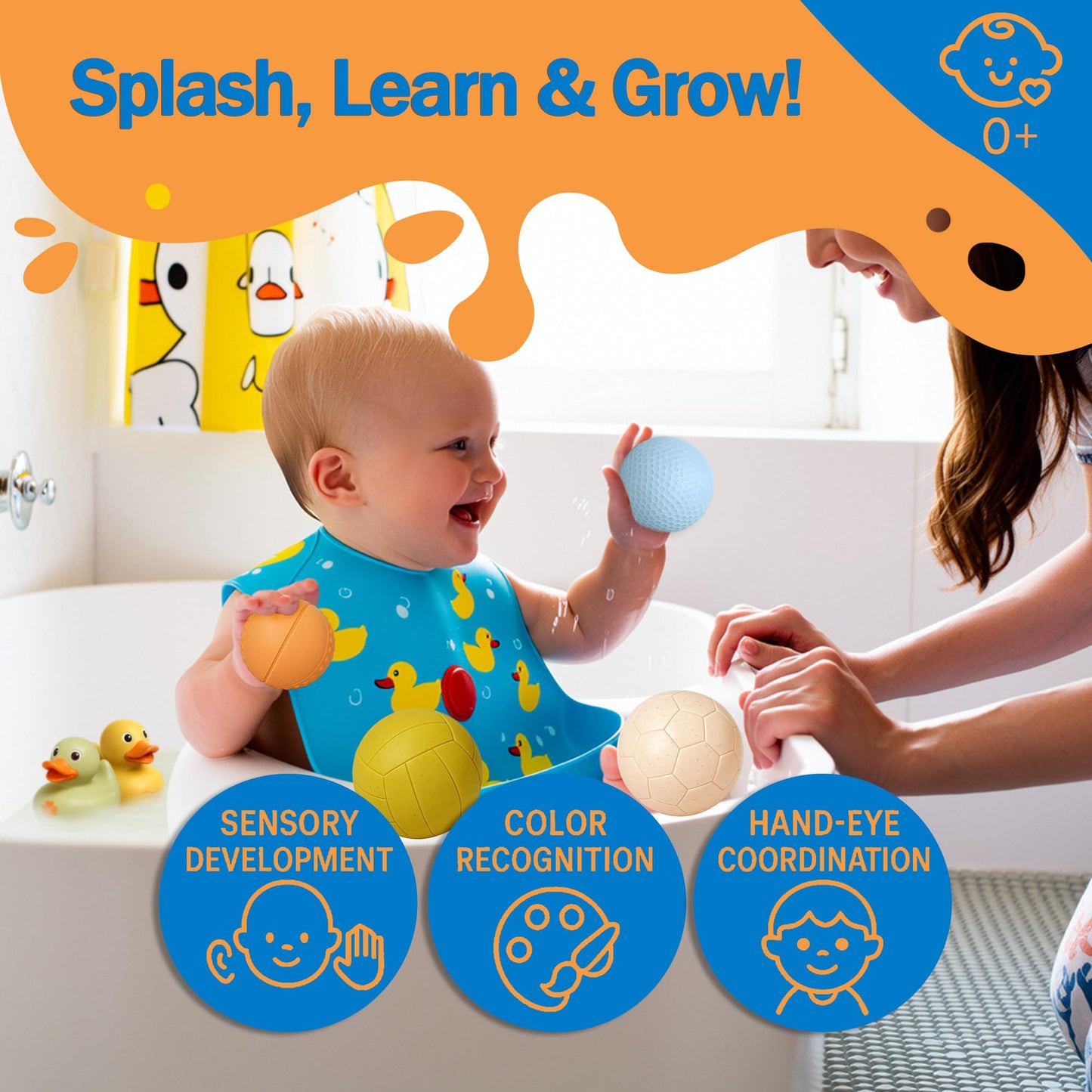 Soft Building Blocks & Baby Bath Toys Bundle - STEM Montessori Stacking: Rubber Blocks 42PCS with Storage (12-18M) + Floating Duck & No-Hole Wheat Straw Sensory Balls (9 Pack) for 6-12M & Toddlers 1–3