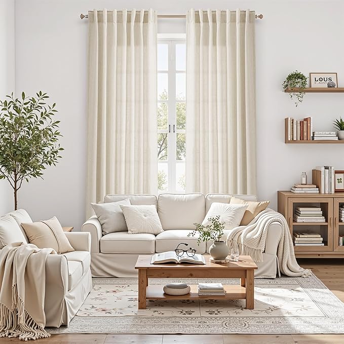 Birch Beige Linen 112 Inch Curtains for Living Room Light Filtering Semi Sheer Curtain Back Tab Modern Farmhouse Decor Elegant Coastal Drapes Floor to Ceiling High Window for Bedroom 52x112, 2 Panels