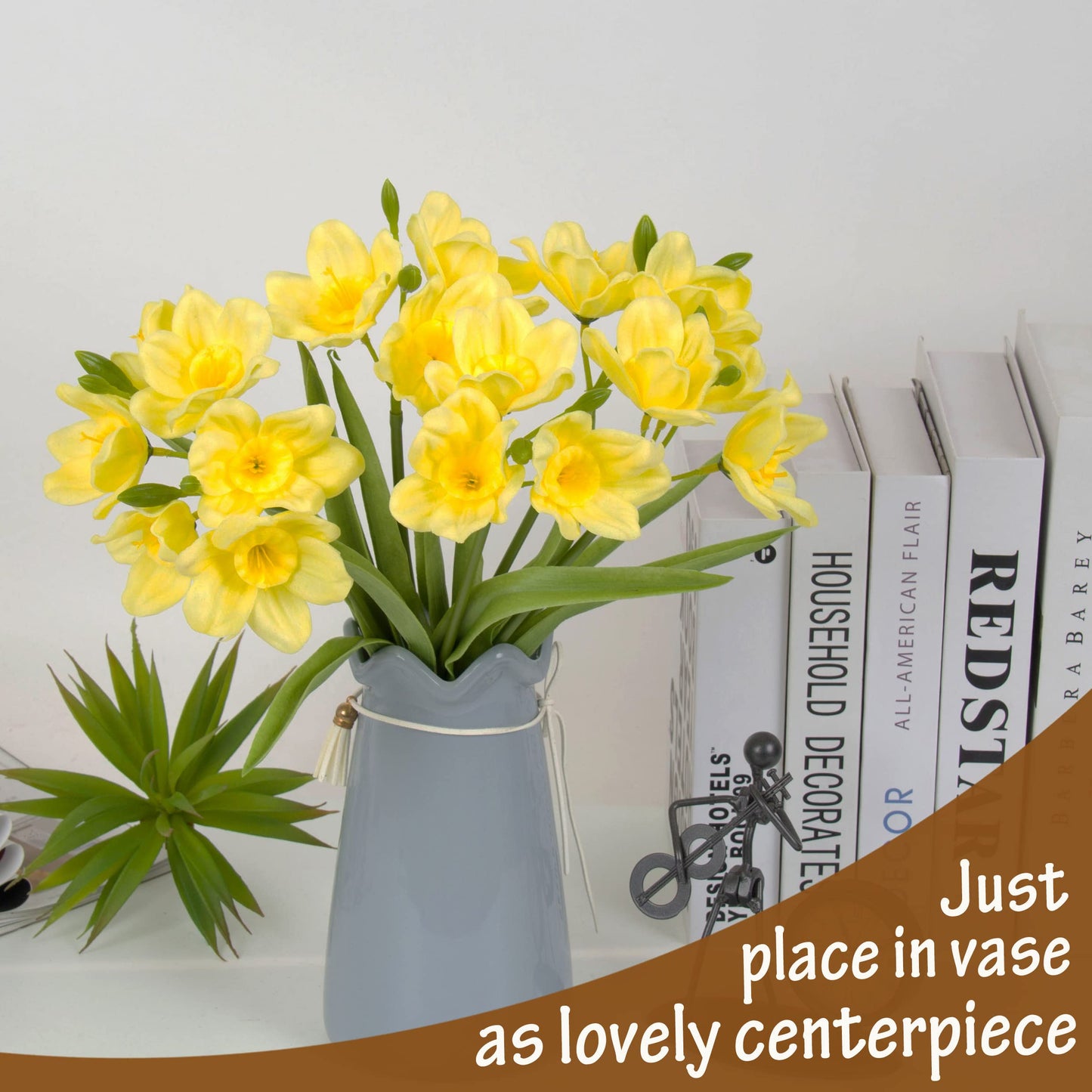 cn-Knight 2pcs Artificial Daffodil Bundles,16 Inch Faux Daffodil Stems with 18pcs Latex Fake Flowers,Premium Artificial Flowers for Home Decor Centerpiece DIY Wedding Bouquet Supply,Yellow