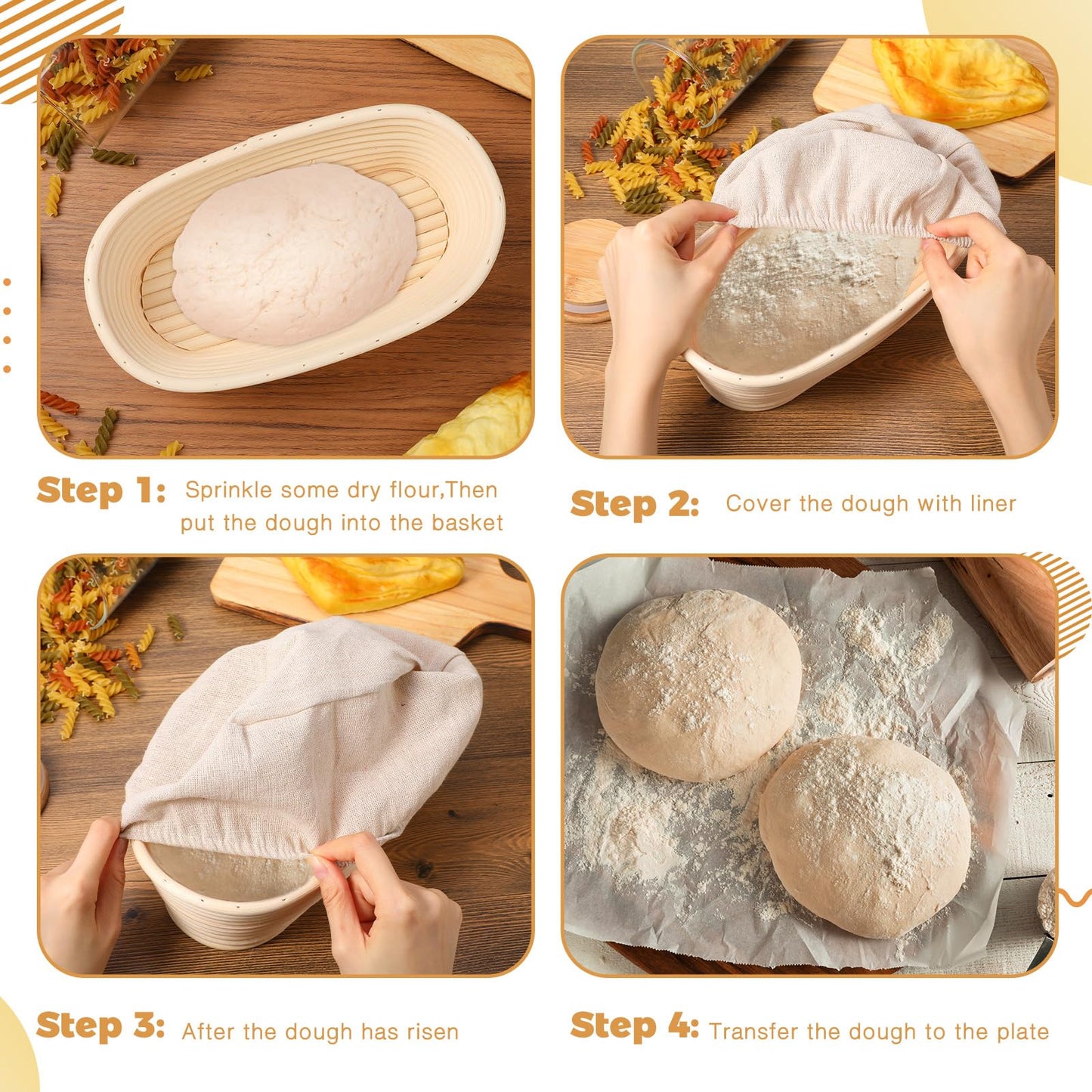 Gejoy 12 Set Bread Proofing Baskets Oval Shaped Banneton Dough Proofing Bowls Kit with Cloth Liner and Plastic Scraper Sourdough Proofing Basket for Home Sourdough Bakers Supplies (10 Inch)