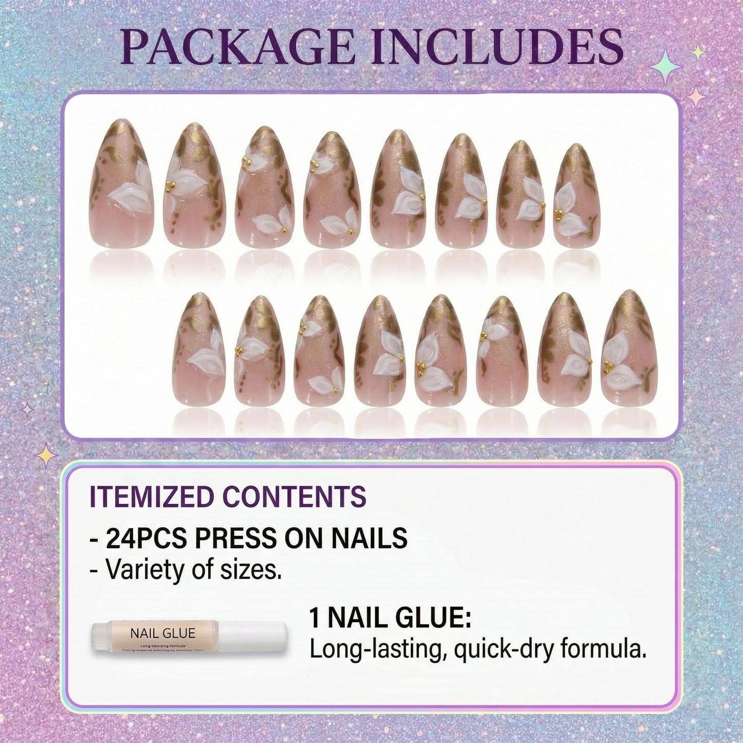 IMRAIN Almond Press on Nails, Medium Fake Nails, Cat Eye 3D White Flower Gold Leaf Design, 24 Pcs Reusable Glue on Nails for Women, Salon Quality