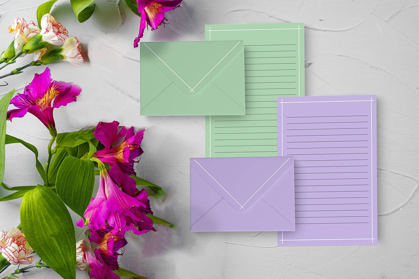 Better Office Products Mini Stationery Set, 100 Piece Set (50 Lined Sheets + 50 Matching Envelopes), 4 Solid Colors, Thin White Border, 5.5 x 8.25 inch, Double Sided Printing, One Side Lined Paper,