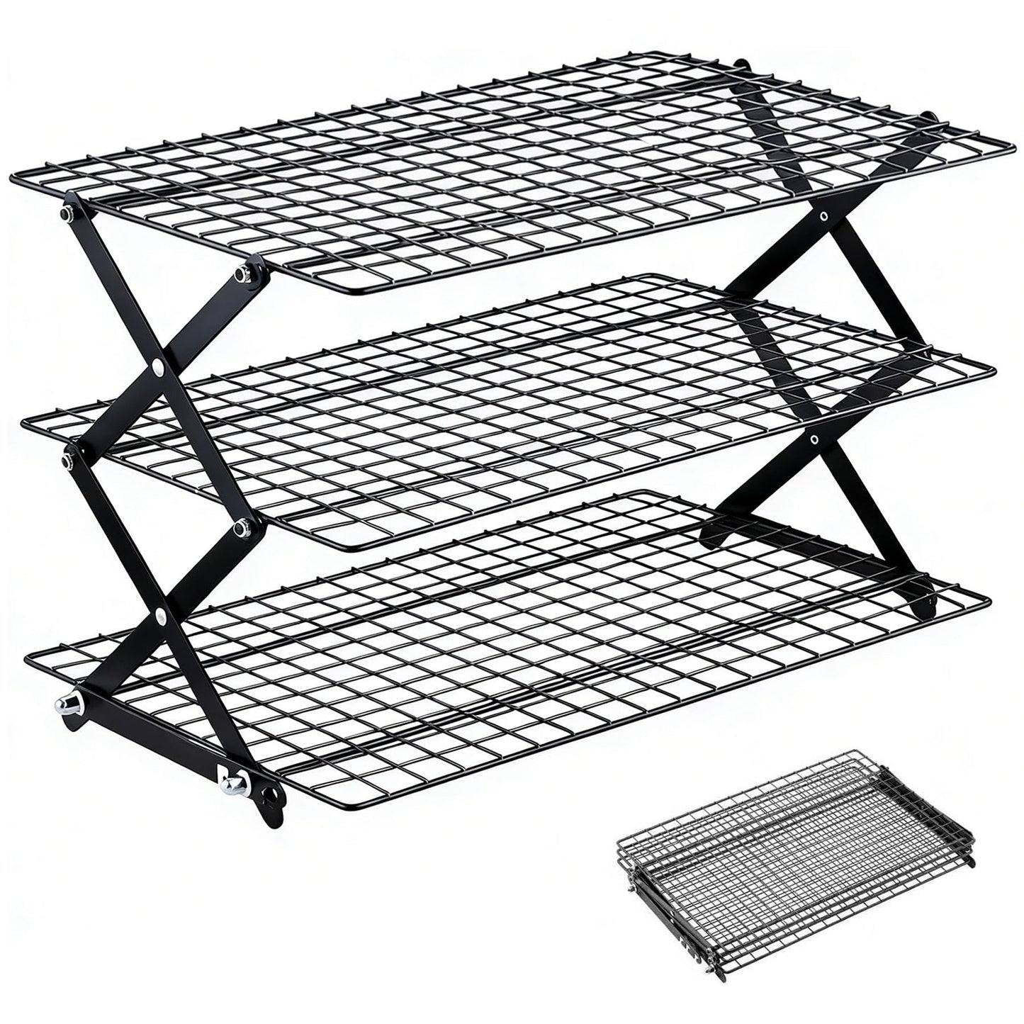 ZESHIHAOGUO 3-Tier Collapsible Cooling Rack with 3-Setting Design, Heavy-Duty Steel Baking Rack for Oven Safe Cooking & Space-Saving Storage