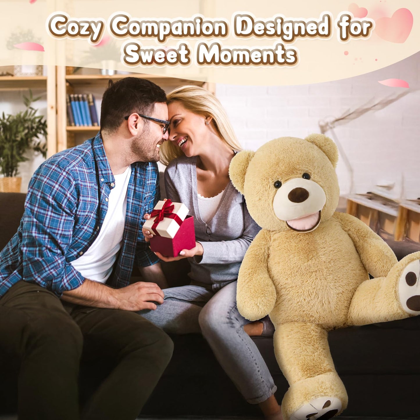 MorisMos Smiling Giant Teddy Bear, 39inch Big Stuffed Animal Bears with Large Footprints Plush, Gift Kids Girlfriend Boyfriend, Light Brown