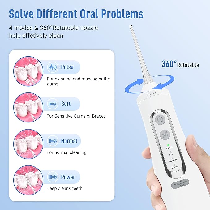 Cordless Water Flosser Teeth Cleaner Dental Oral Irrigator Picks Portable and Rechargeable 310ml Water Tank IPX7 Water Proof for Home and Travel Infiwarden (White)