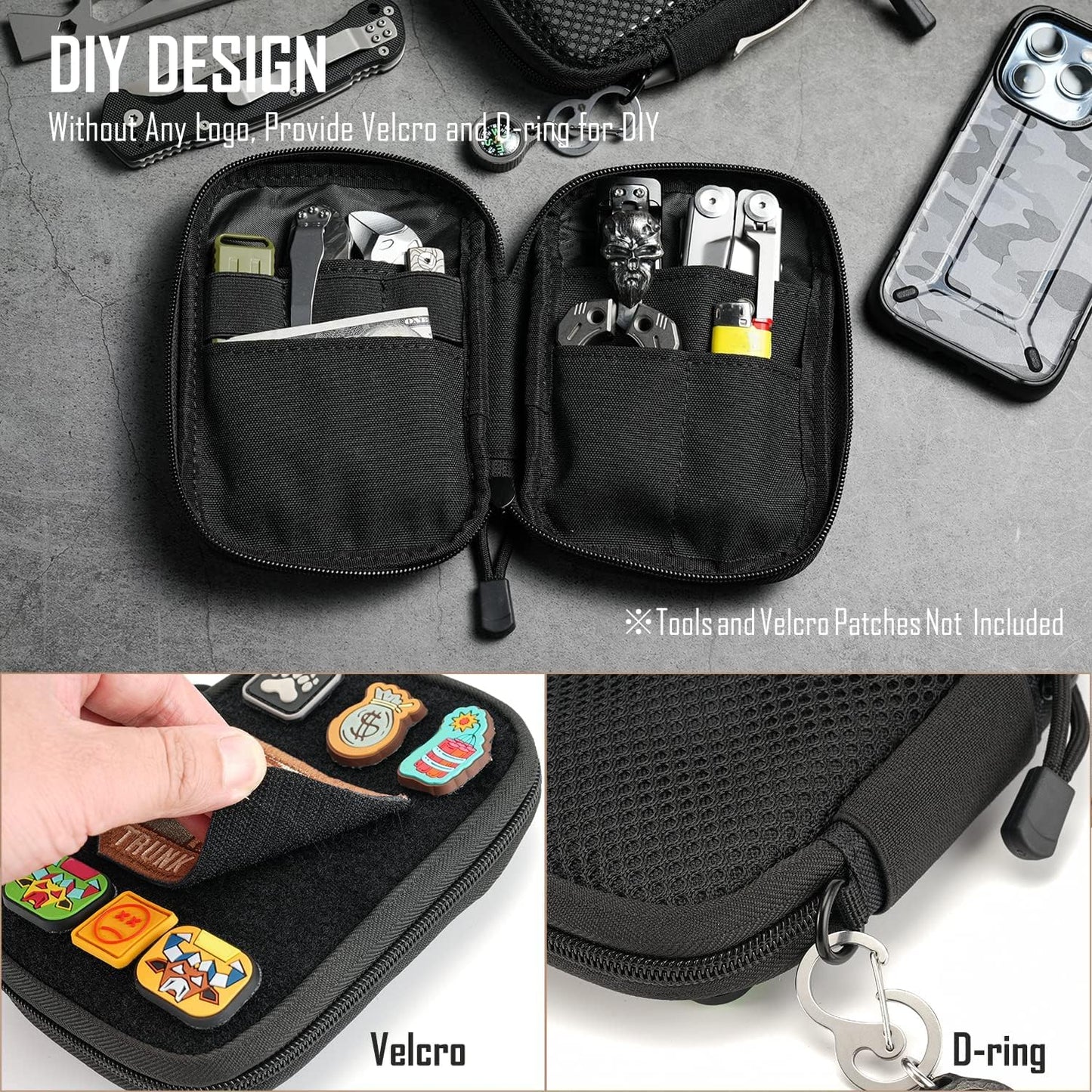 Pocket Organizer with DIY Patches Area, Nylon Utility Pouch, Small Tool Pouch for EDC Gears, Mighty Pouch with D-Ring, Pocket Pouch, Multitool Organizer Pouch