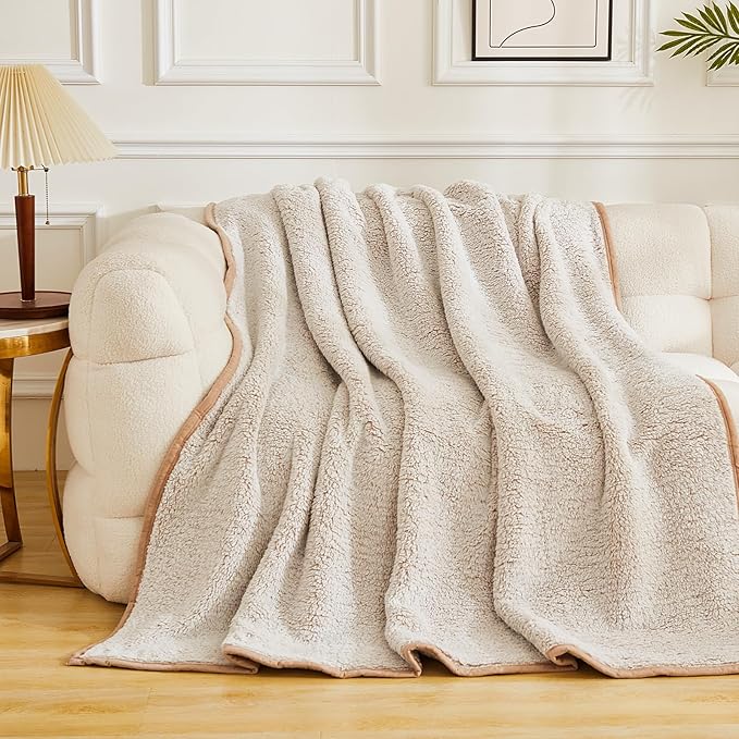 EMME Fuzzy Blanket Soft Fleece Throw Blankets for Women, Fluffy Sherpa Throws(Plush Khaki,60"x80")