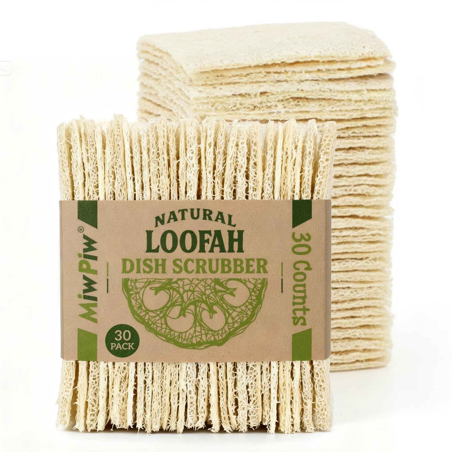 Miw Piw Natural Loofah Dish Sponge (Pack 30) Multipurpose Dish Sponges - 100% Biodegradable Compostable Dishwashing Scouring Pad Zero Waste (2.75" x 2.75" Each)