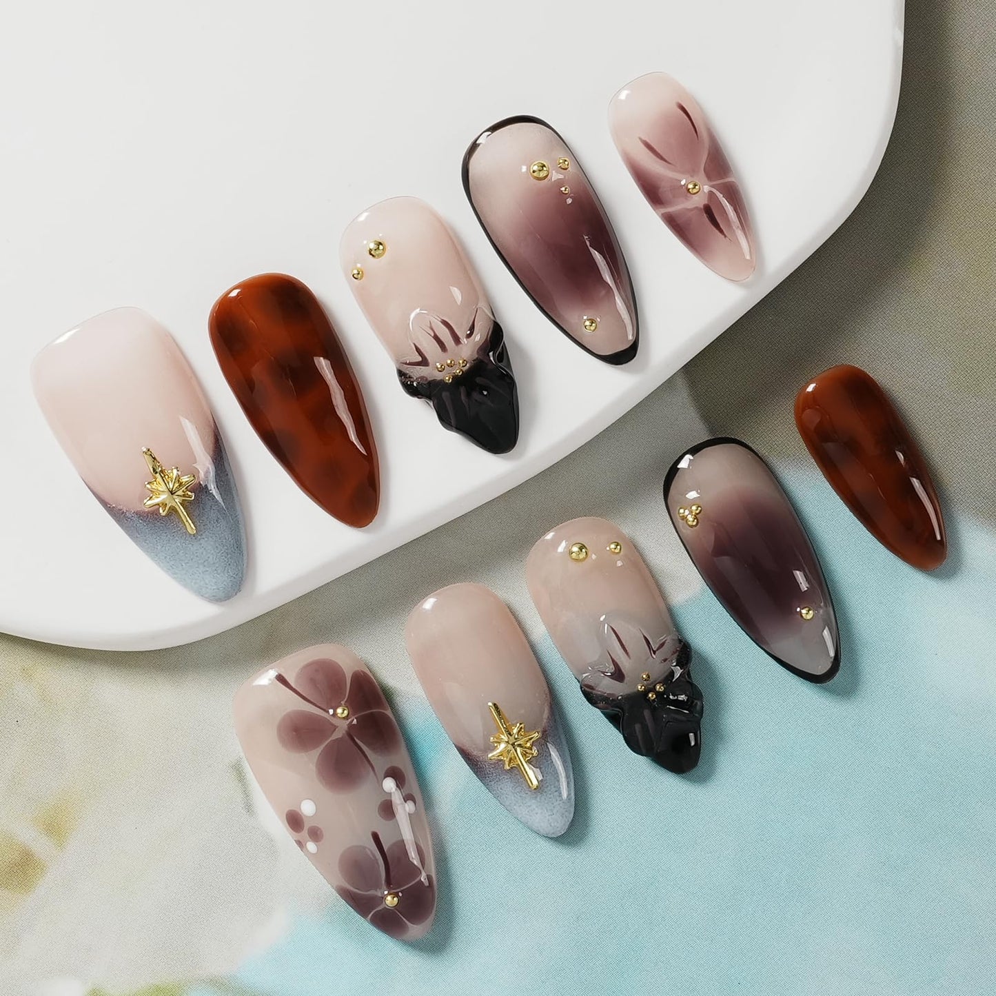 Tesytto 3D Floral Press on Nails Medium Almond - Handmade Nude Brown Gradient, Gold Charms Luxury Glossy Reusable Fake Nails (Dusk Pastel Gradient Flowers, L)
