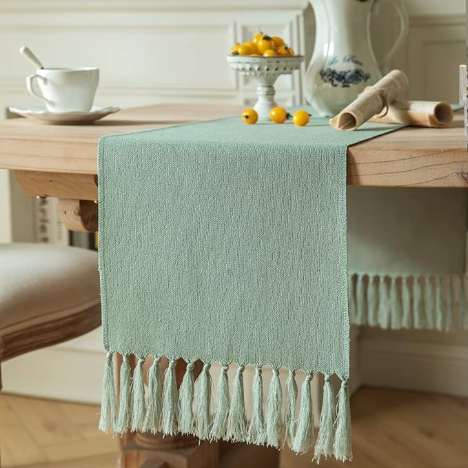 ZeeMart Sage Table Runners 90 Inches Long, Burlap Linen Style Rustic Farmhouse Table Runner, Long Boho Dining Table Runner, 13x90 Inches, Seafoam