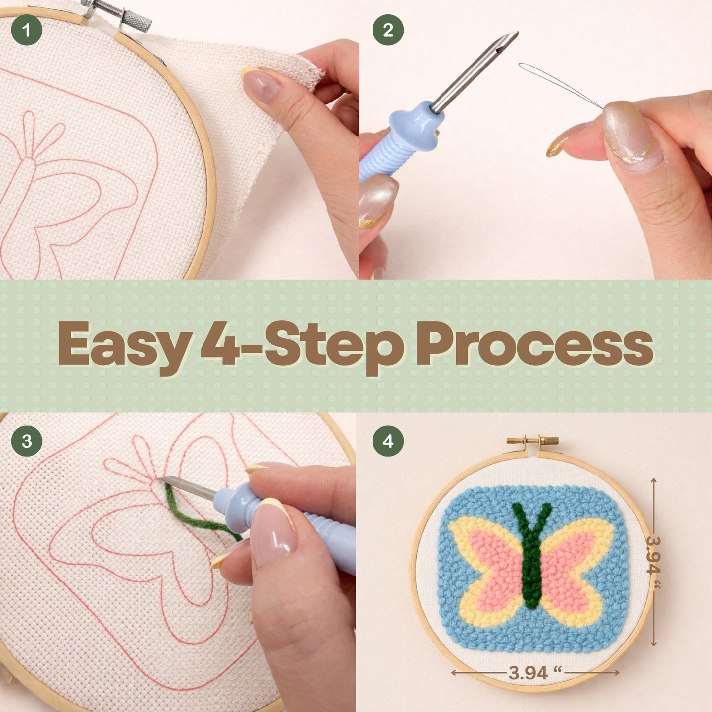 Kukovaya Punch Needle Kit for Beginners & Adults – Complete DIY Embroidery 6-Coaster Kit with Printed Fabric, Yarn, Needle, Hoop & Guide – Easy Craft Kit for Home Décor, Gifts & Stress Relief