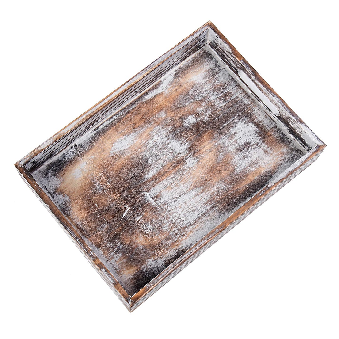 ExoLiry Rustic Whitewashed Wood Food Serving Tray Cutout Carrying Handles Breakfast in Bed Coffee Platter Table Wine Brown Rectangular Nesting Crate Desktop Document Holder Office Home Kitchen