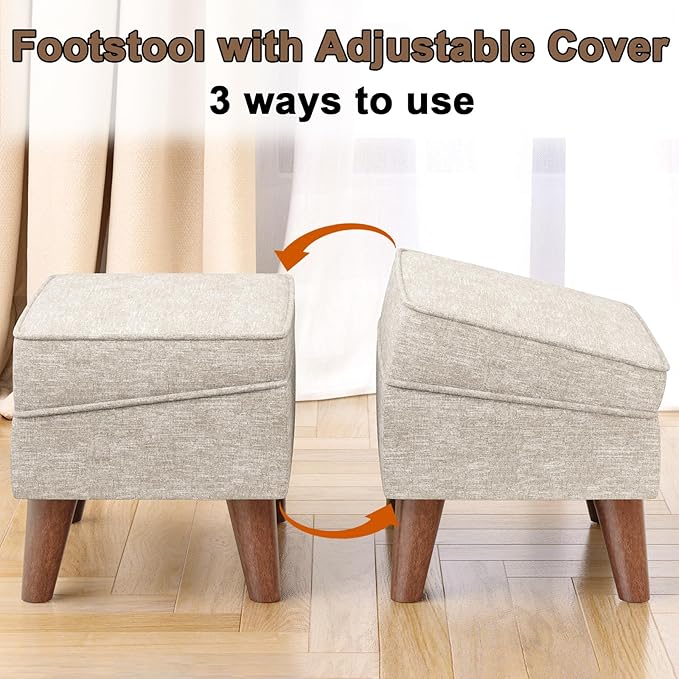 Ottoman Foot Rest, Small Footstool Ottoman with Storage, Modern Foot Stool with Adjustable Lid and Sturdy Wood Legs for Living Room, Bedroom, Couch, Enterway (Beige)