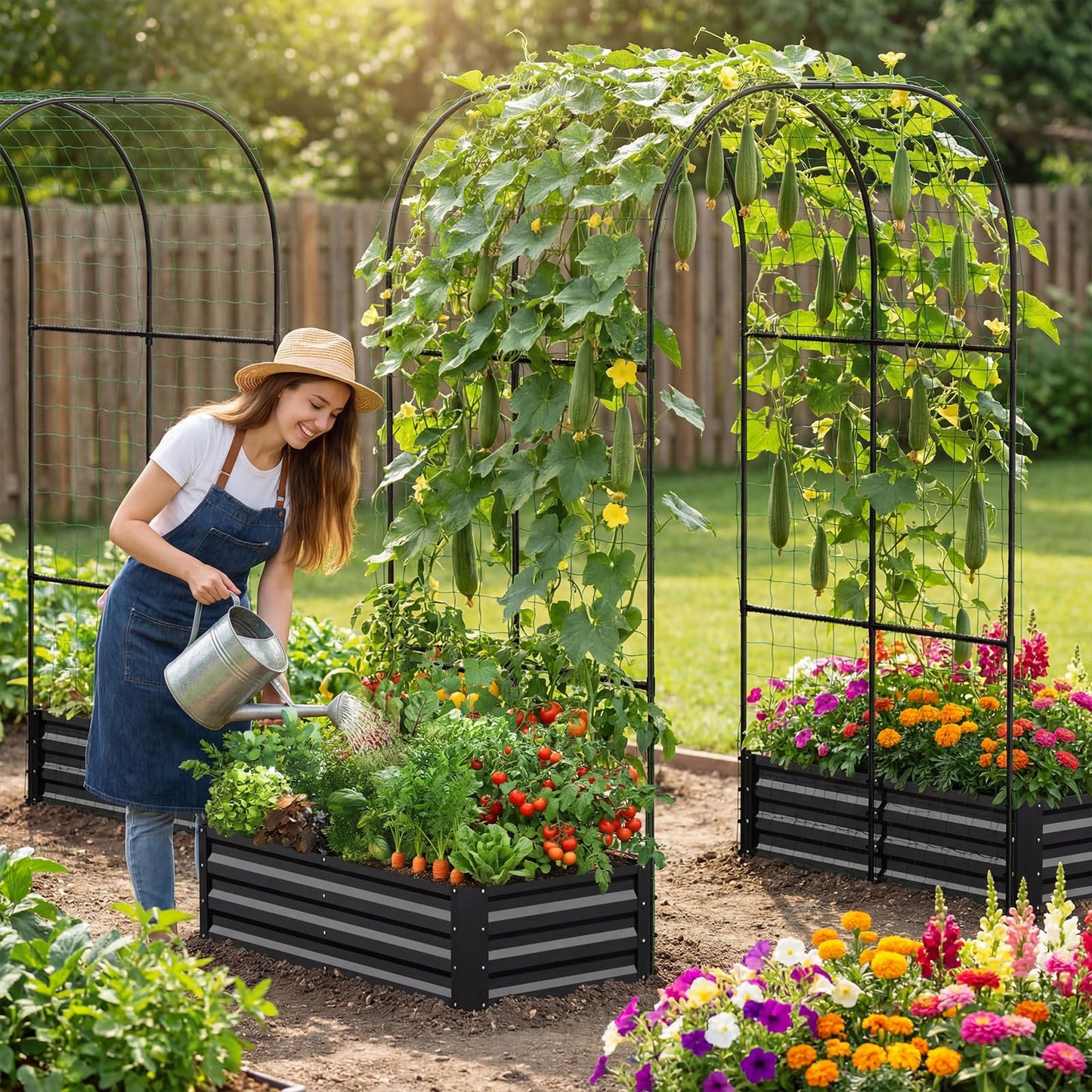 DoCred 3 in 1 Galvanized Raised Garden Bed, 2Pcs Metal Garden Planter Box with 87" H Trellis for Climbing Plants, Outdoor Gardening Raised Beds with Climbing Net for Fruits, Vegetables, Flower (Black)