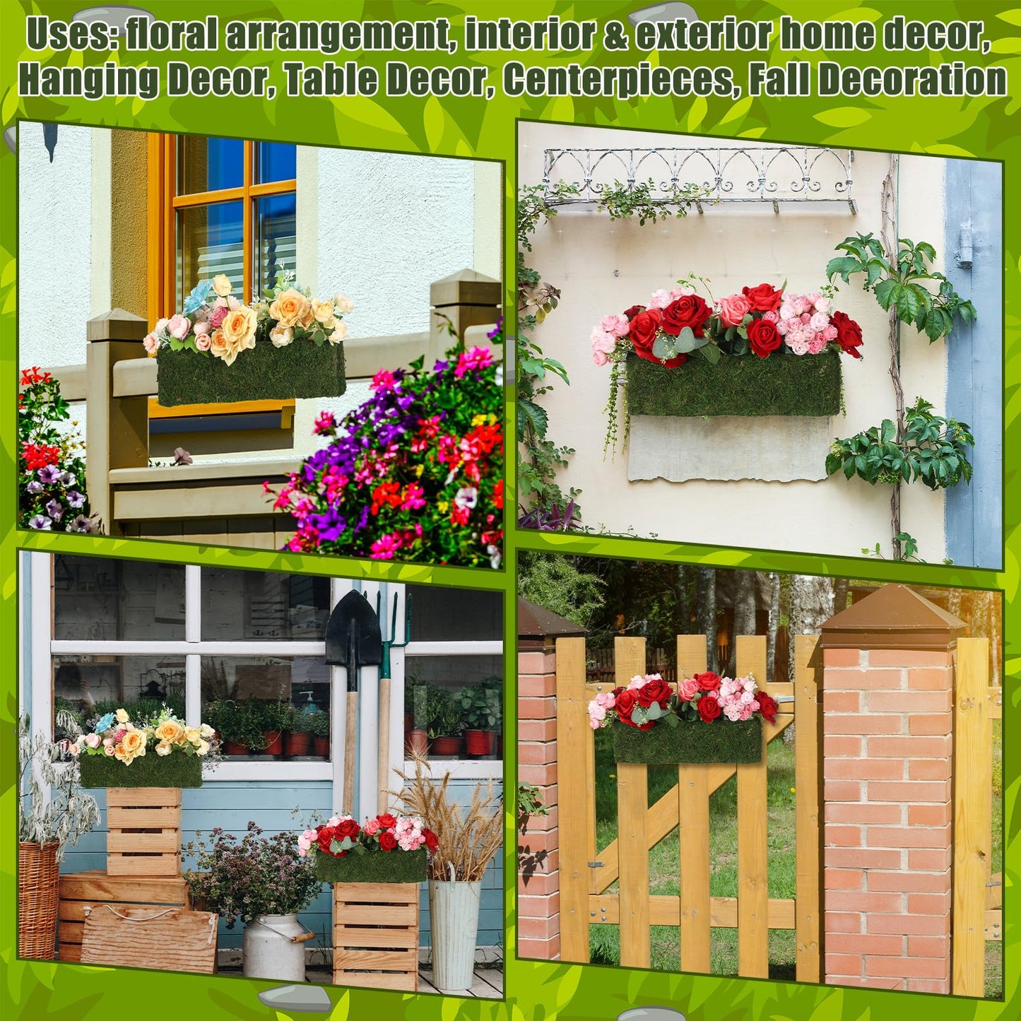 Maxdot 4 Pack Moss Window Box Planters, 16 Inch Rectangular Decorative Planter Boxes with Plastic Liner, Indoor Outdoor Window Sill Planters for Flowers, Herbs, Easter Spring Home Garden Decor