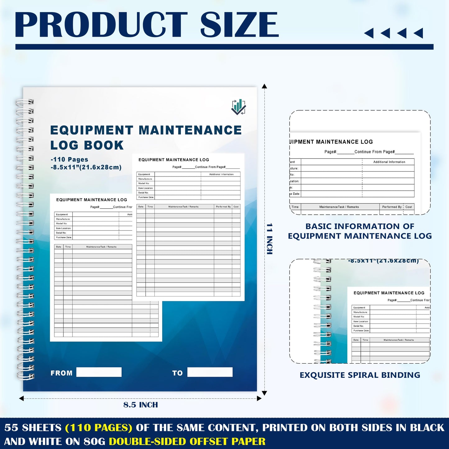LKTHSEEK Equipment Maintenance Log Book 8.5 x 11 Inch 110 Pages Maintenance Record Notebook Tracking Repairs and Service Spiral Bound For Equipment Inspection and Maintenance