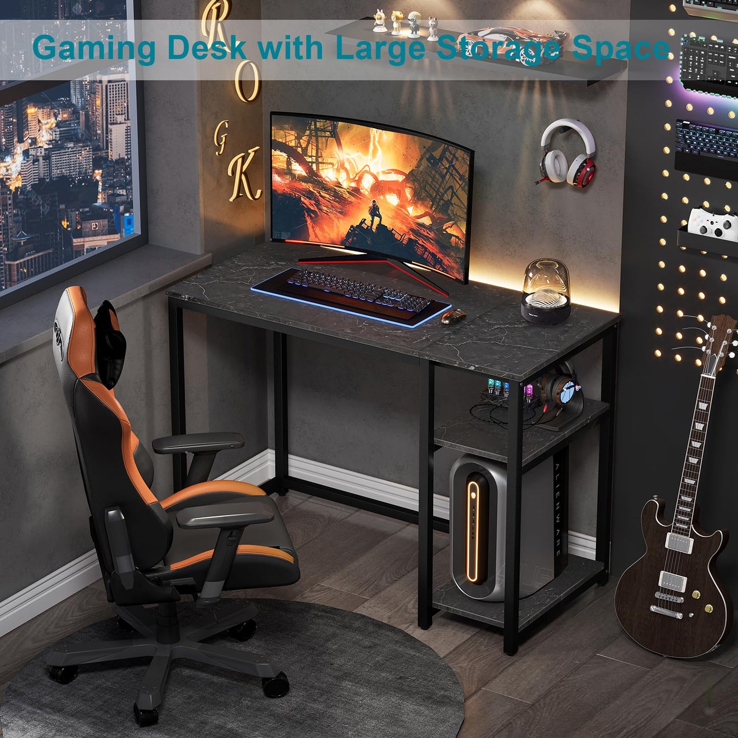 SINPAID Computer Desk 40 inches with 2-Tier Shelves Sturdy Home Office Desks with Large Storage Space Modern Gaming Desk Study Writing Laptop Table, Black Marble