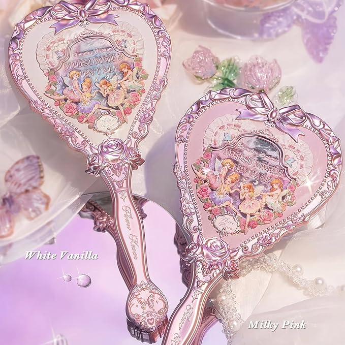 Flower Knows Midsummer Fairytales Hand Mirror,Vintage Heart Handheld Mirror,Fancy & Pretty Princess Handheld Mirror with Long Handle,Gift for Girls & Women(White Vanilla)